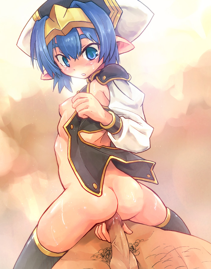 anshinmama, sum, hellmatio, hellmatio (shinrabanshou), shinrabanshou, 1girl, ass, black thighhighs, blue eyes, blue hair, blush, bottomless, breasts, censored, cowgirl position, flat chest, from behind, girl on top, guided penetration, hat, imminent penetration, imminent vaginal, loli, looking back, mosaic censoring, nipples, no bra, no panties, open clothes, open shirt, penis, petite, pointy ears, sex, shirt, short hair, solo focus, straddling, sweat, tears, thighhighs