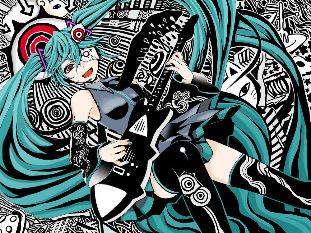 wool (kurokrkr), hatsune miku, petenshi ga warau koro ni (vocaloid), vocaloid, 1girl, aqua eyes, aqua hair, crazy eyes, detached sleeves, eyepatch, female focus, guitar, headphones, headset, instrument, long hair, necktie, psychedelic, red eyes, skirt, smile, solo, thighhighs, trippy background, twintails, very long hair, zettai ryouiki