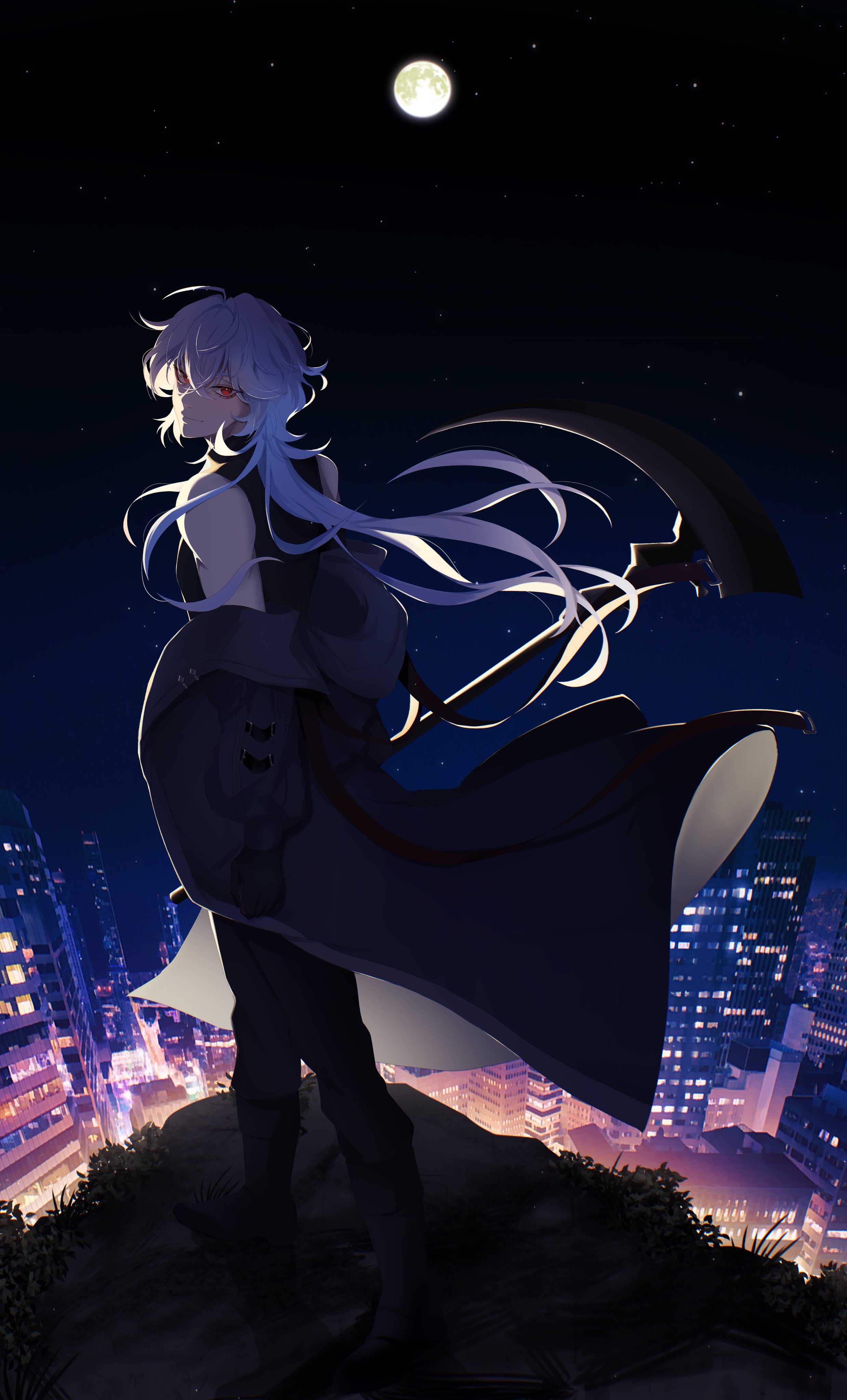 casper (a date with death), a date with death, absurdres, commentary, highres, symbol-only commentary, 1boy, aegyo sal, backlighting, black jacket, city lights, clear sky, full body, full moon, ha timitu milk, head tilt, hill, holding, holding scythe, jacket, jacket partially removed, jellyfish cut, looking at viewer, looking back, moon, night, red eyes, scythe, shirt, sky, skyline, sleeveless, sleeveless shirt, smile, solo, standing, white hair, wind