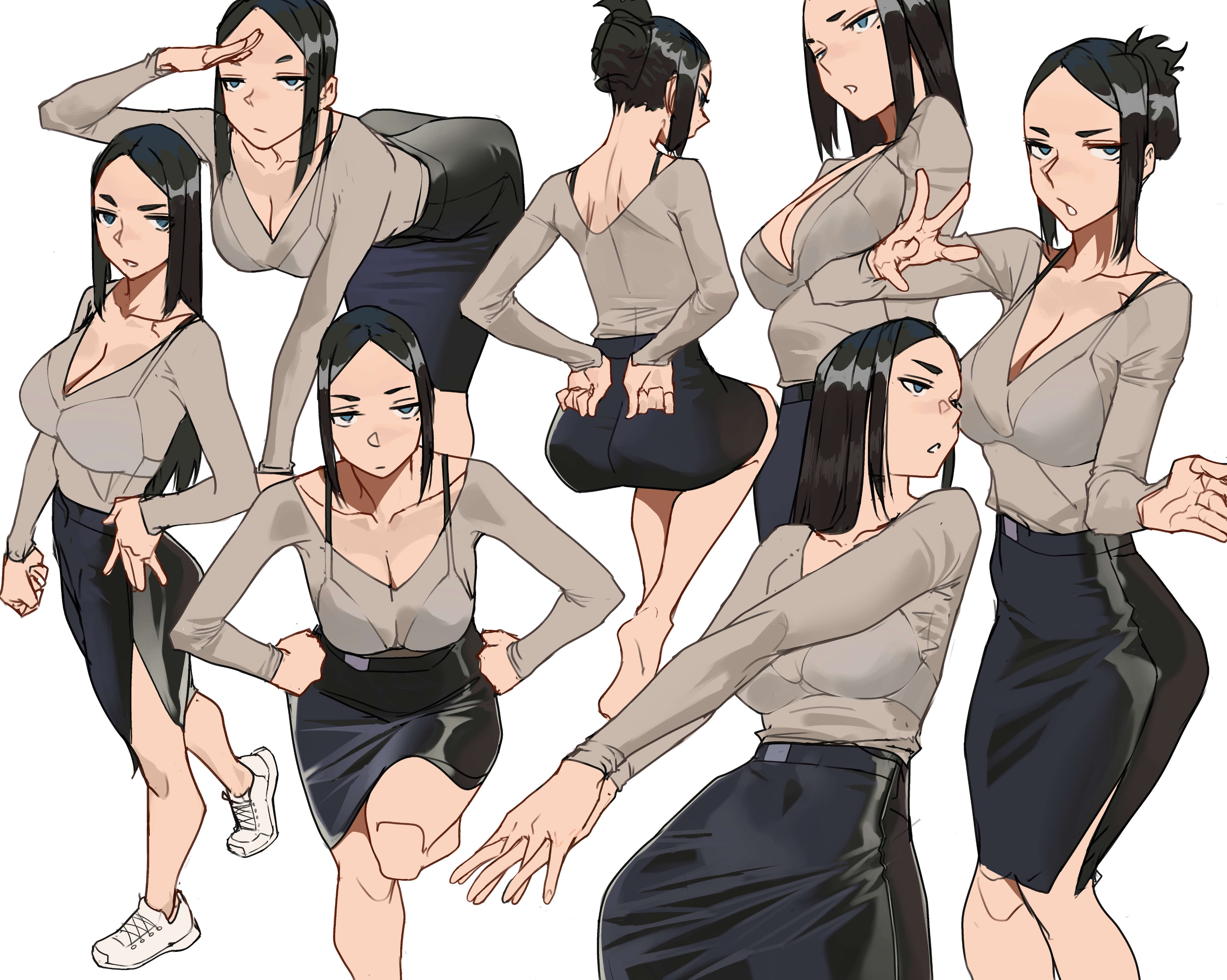 tbocart, original, absurdres, commentary, highres, 1girl, arms behind back, ass, barefoot, bent over, black hair, black skirt, blue eyes, bra strap, bra visible through clothes, breasts, brown shirt, closed mouth, contrapposto, cowboy shot, feet, feet out of frame, folded ponytail, hand on own hip, hands on own hips, invisible chair, large breasts, long hair, long sleeves, looking at viewer, multiple views, outstretched arms, parted bangs, parted lips, pencil skirt, shading eyes, shirt, shoes, sidelocks, simple background, sitting, skirt, sneakers, soles, standing, standing on one leg, very long hair, white background, white shoes