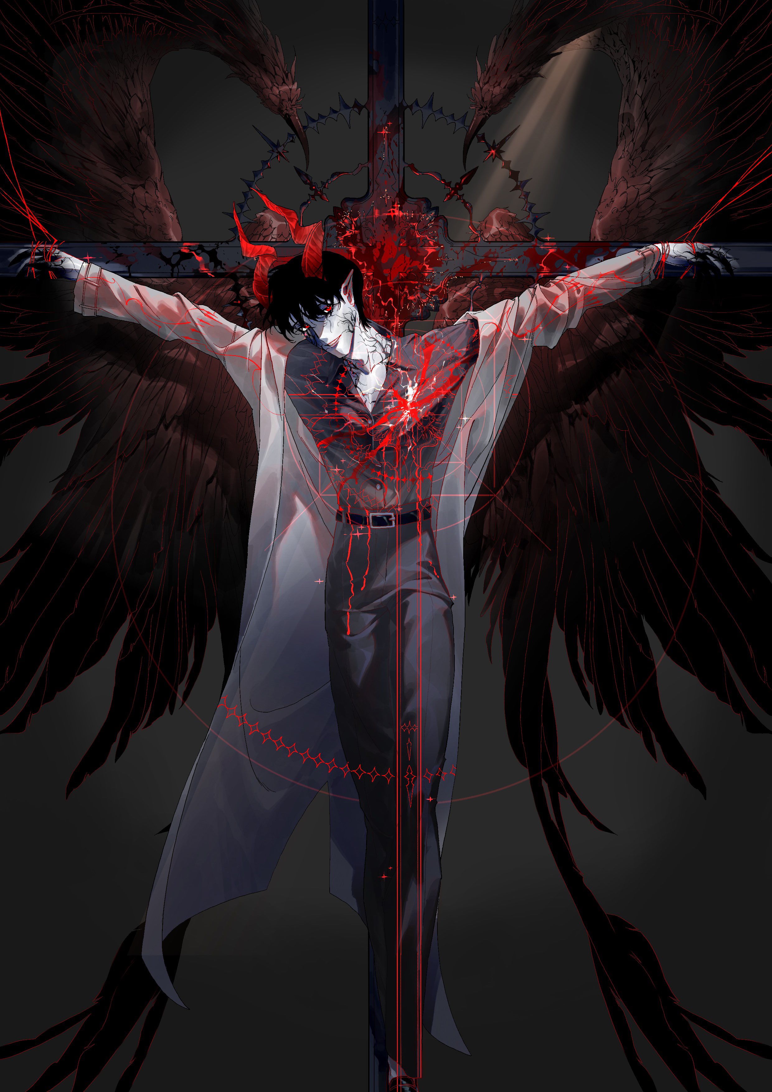 kim dokja, omniscient reader's viewpoint, absurdres, hashtag-only commentary, highres, 1boy, belt, black hair, black shirt, blood, blood splatter, blood stain, coat, collared shirt, colored extremities, colored veins, cross, crucifixion, demon horns, full body, glitch, grin, halo, halo behind head, head tilt, horns, male focus, open clothes, open coat, outstretched arms, pointy ears, puppet strings, red eyes, shirt, shirt tucked in, short hair, smile, solo, vivi102828, white coat