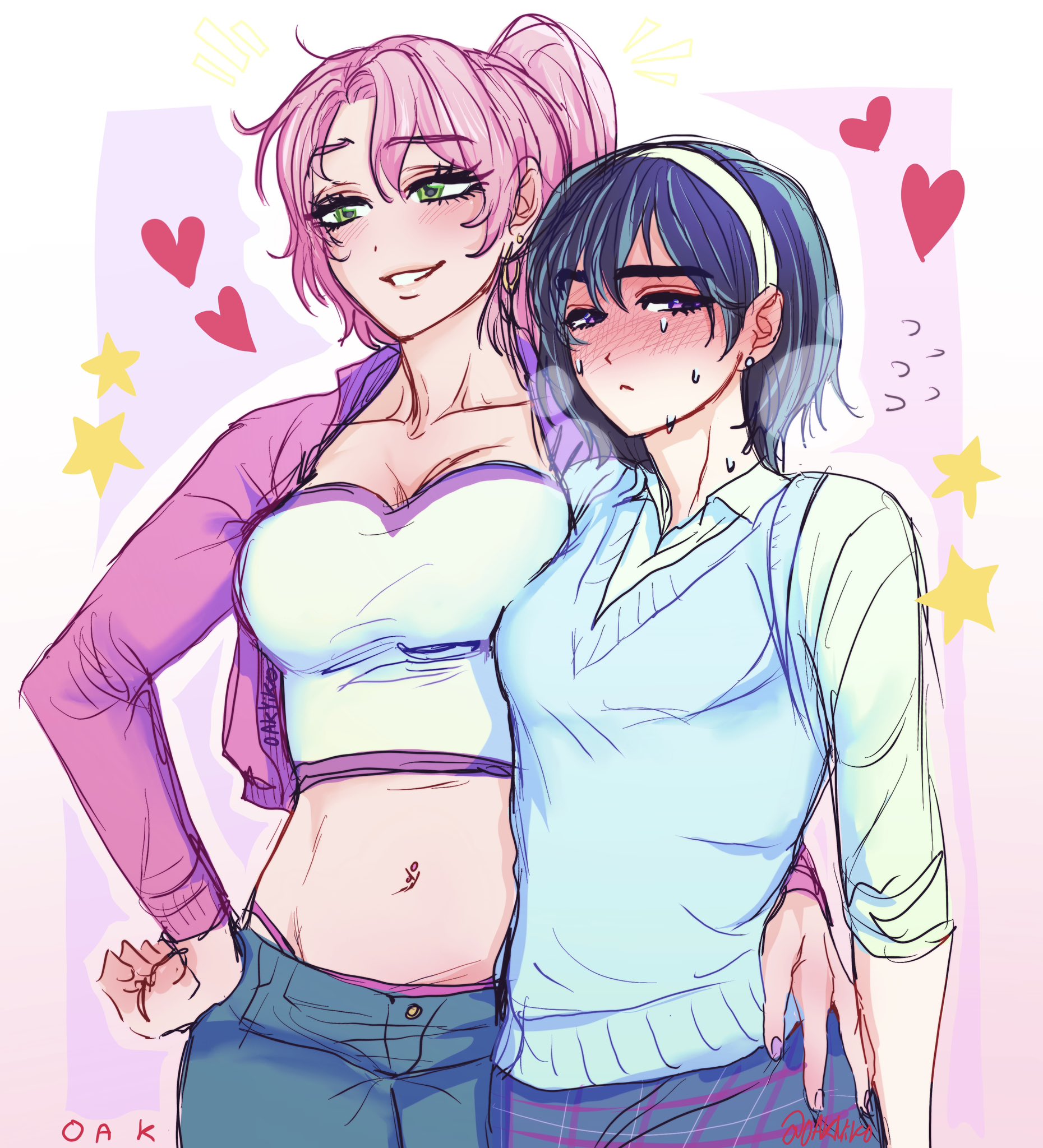 mizi (alien stage), sua (alien stage), alien stage, commentary, english commentary, highres, 2girls, arm around waist, black hair, blue pants, blue skirt, blue sweater vest, blush, breasts, collared shirt, crop top, cropped jacket, earrings, flying sweatdrops, hairband, hand on own hip, heart, jacket, jewelry, long hair, multiple girls, navel, navel piercing, oakyiko, official alternate costume, pants, piercing, pink hair, pink jacket, ponytail, purple eyes, shirt, signature, skirt, smile, star (symbol), sweat, sweater vest, white hairband, white shirt