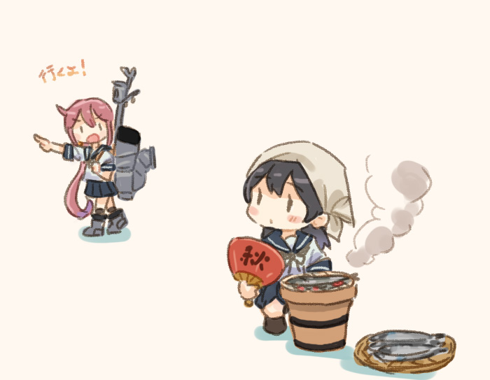 saiguchi otoufu, akebono (kancolle), ushio (kancolle), kantai collection, 2girls, bandana, black hair, blue sailor collar, blue skirt, cooking, dress, fish, fish (food), grill, grilled fish, grilling, hand fan, long hair, multiple girls, paper fan, pleated dress, purple hair, sailor collar, saury, school uniform, serafuku, shichirin, side ponytail, simple background, skirt, uchiwa, white background