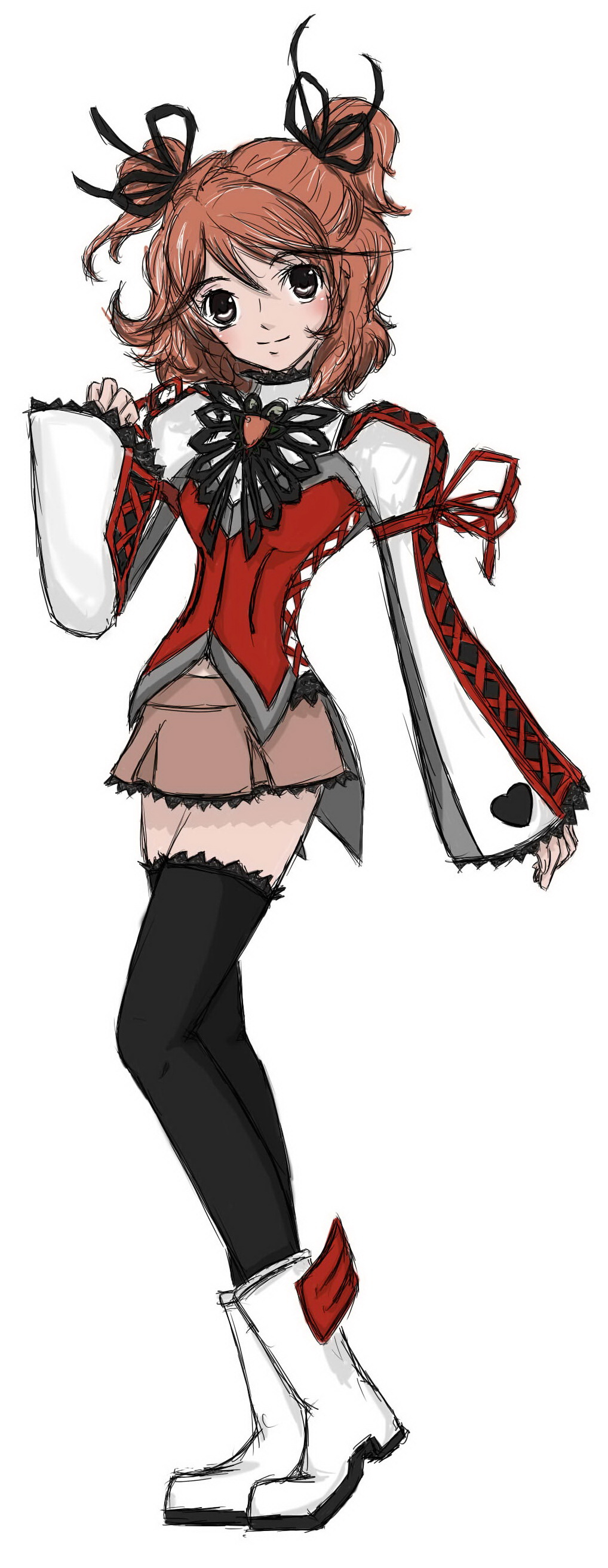 jsn55, jsn55 (pixiv), cheria barnes, tales of (series), tales of graces, absurdres, highres, 1girl, black eyes, boots, brooch, female focus, hair ribbon, jewelry, legs, miniskirt, purple skirt, red hair, ribbon, shelia burns, short twintails, skirt, smile, solo, thighhighs, twintails, two side up, zettai ryouiki