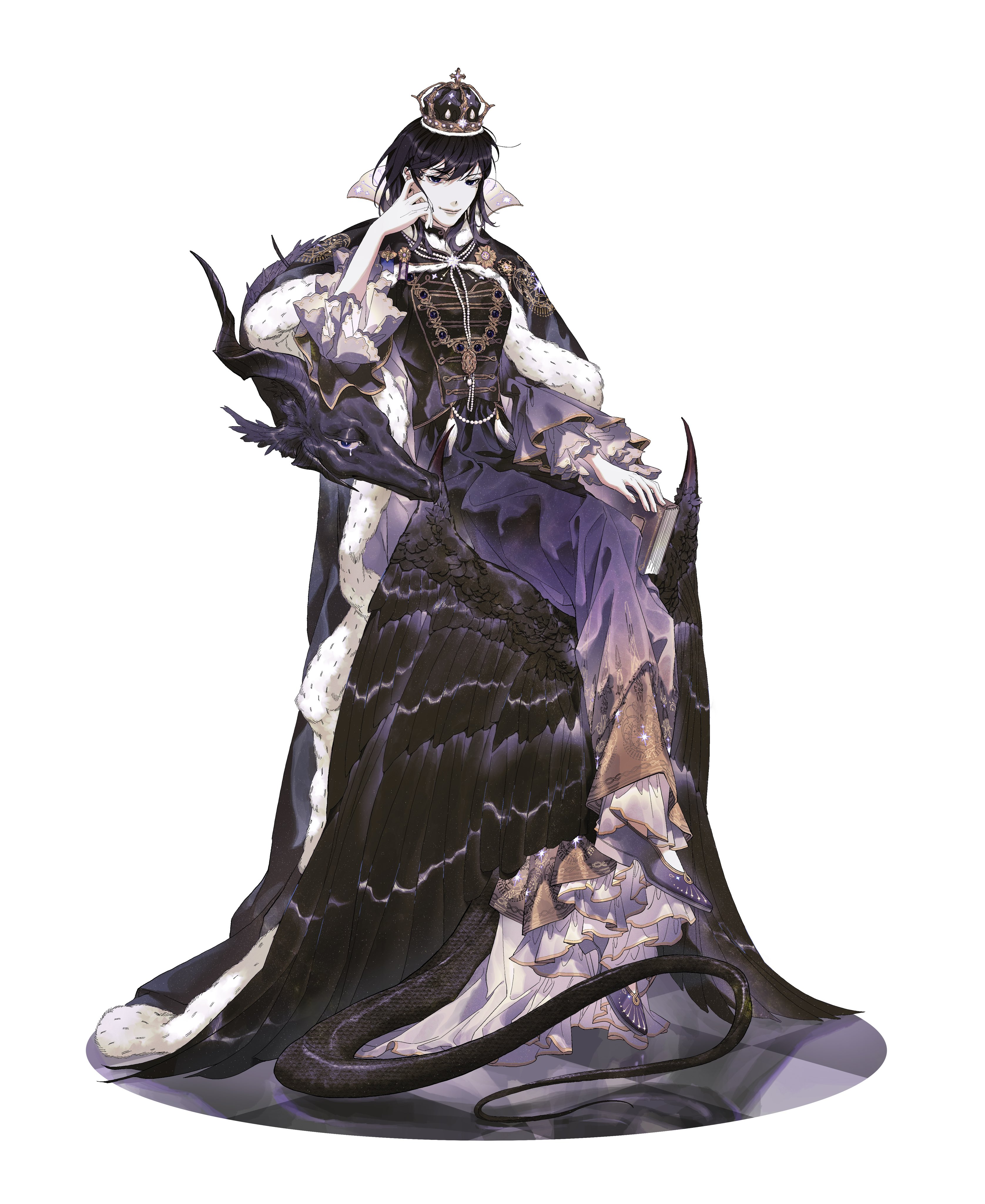 han sooyoung, omniscient reader's viewpoint, absurdres, hashtag-only commentary, highres, 1girl, black dress, black eyes, black hair, brooch, cape, crossed legs, crown, dragon, dress, frilled sleeves, frills, full body, fur trim, hand on own face, hand on own leg, head rest, invisible chair, jewelry, looking at viewer, necklace, official alternate costume, pearl necklace, popped collar, short hair, sitting, slippers, smirk, solo, tail, tile floor, tiles, vivi102828, yuri di aristel