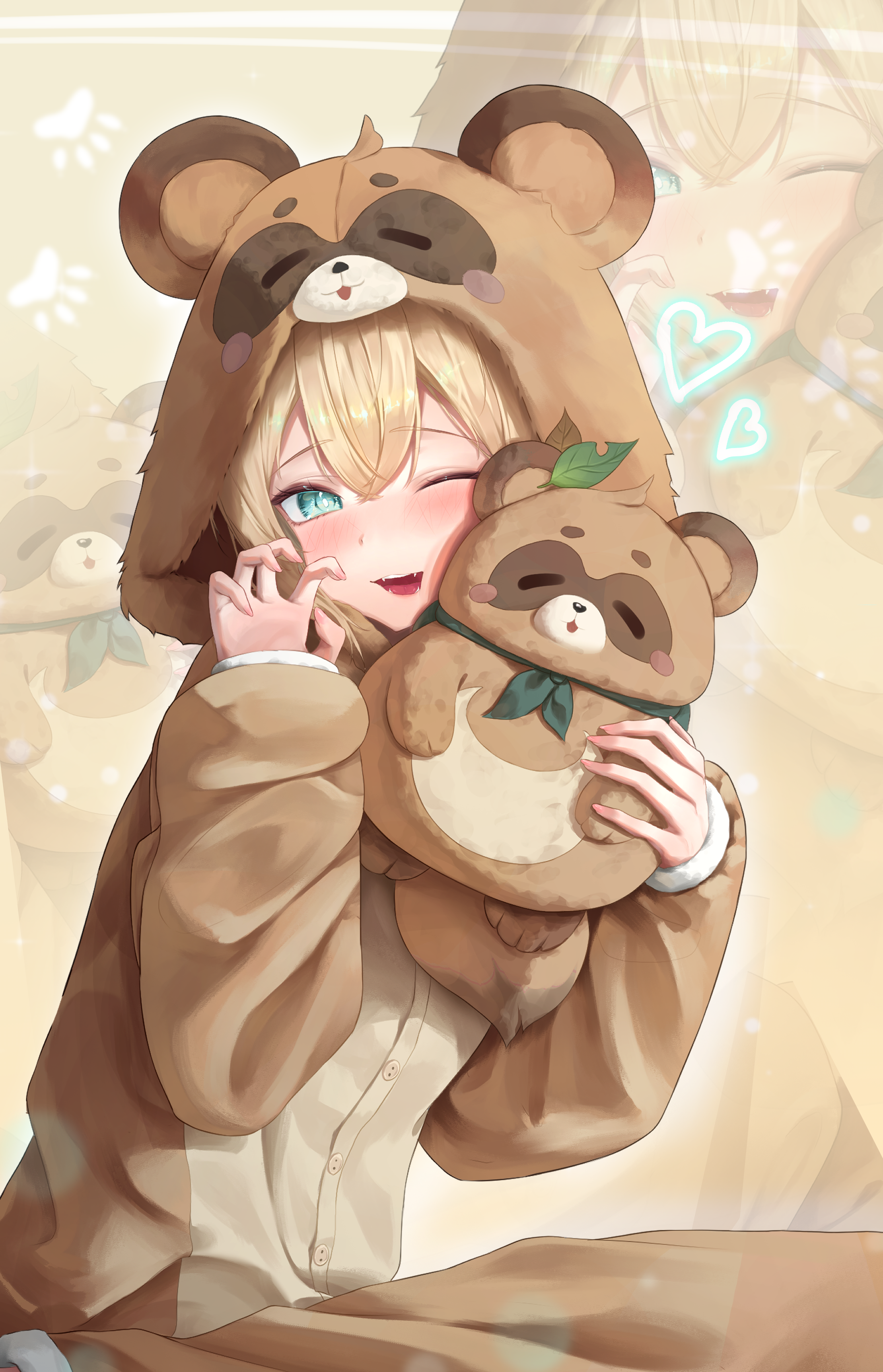 ramuneru, kazama iroha, pokobee, hololive, absurdres, highres, 1girl, alternate costume, animal costume, animal ears, blonde hair, blue eyes, blush, claw pose, looking at viewer, one eye closed, onesie, raccoon ears, smile, solo, tanuki costume, virtual youtuber, zoom layer