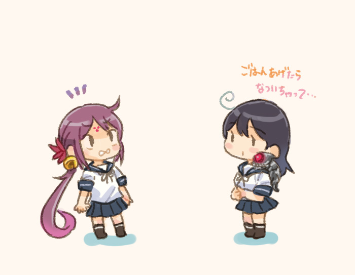 saiguchi otoufu, akebono (kancolle), ushio (kancolle), kantai collection, character request, commentary request, translation request, 2girls, black hair, blue sailor collar, blue skirt, creature, creature on shoulder, dress, full body, long hair, multiple girls, notice lines, on shoulder, pleated dress, purple hair, sailor collar, sailor shirt, school uniform, serafuku, shirt, side ponytail, simple background, skirt, white background, white shirt, wince