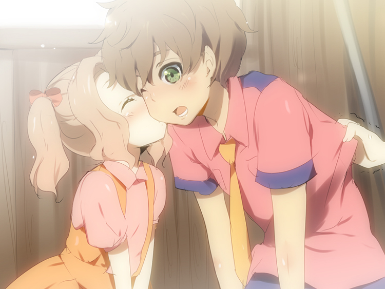 kl (dgzonbi), kururugi suzaku, lelouch vi britannia, nunnally vi britannia, code geass, 00s, 1boy, 1girl, aged down, angry, blonde hair, blush, bow, brown hair, green eyes, hair bow, hetero, kiss, kissing cheek, necktie, one eye closed, short hair, twintails, wink