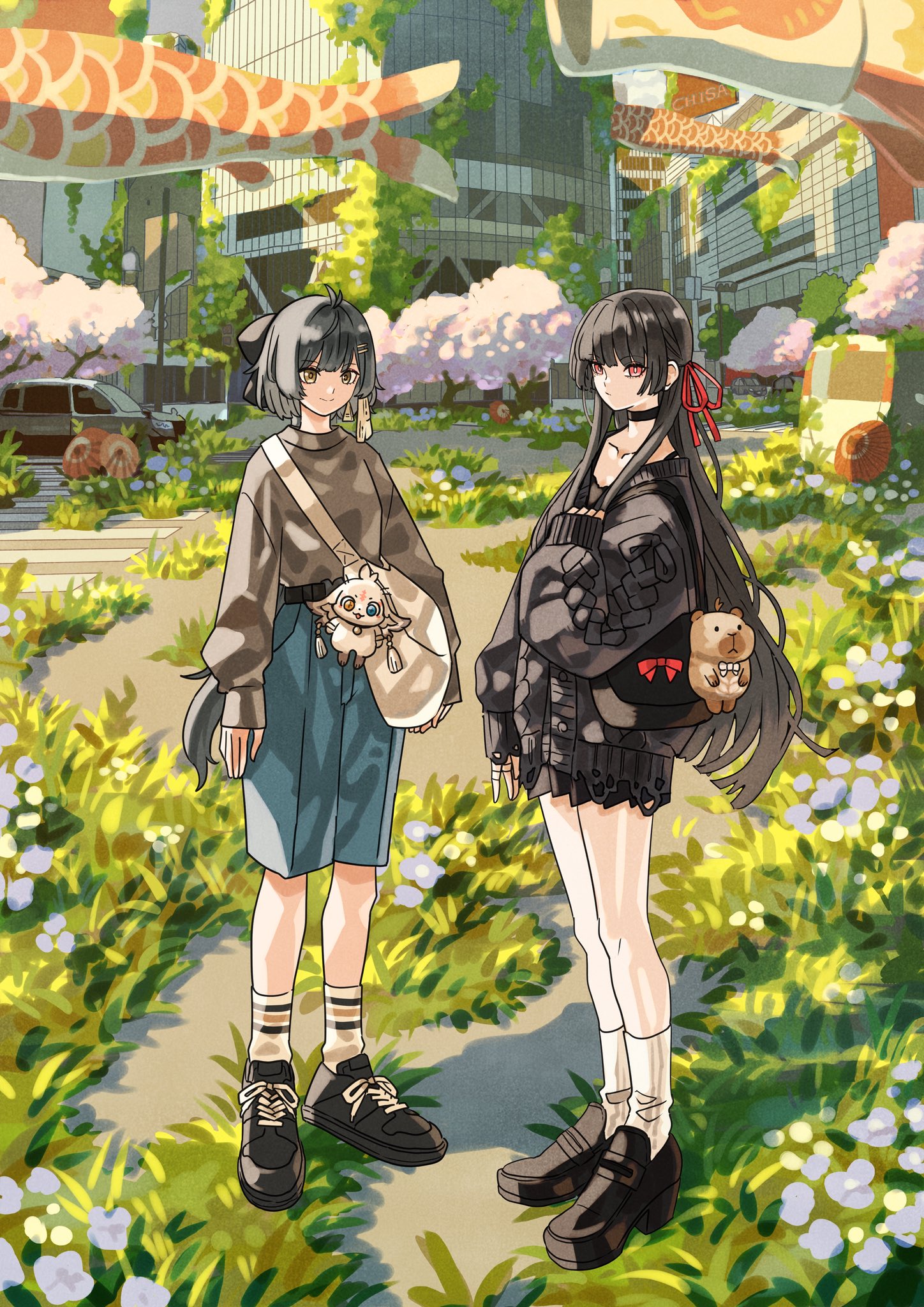 takeuchi ryousuke, abby (wuthering waves), chisa (wuthering waves), female rover (wuthering waves), rover (wuthering waves), wuthering waves, highres, 2girls, alternate costume, black choker, black hair, black shoes, black skirt, black sweater, brown sweater, choker, cityscape, closed mouth, collarbone, earrings, hair ornament, hair ribbon, hairclip, jewelry, long hair, looking at viewer, multiple girls, namipon (wuthering waves), outdoors, parallel hairclips, red eyes, red ribbon, ribbon, shoes, skirt, smile, sneakers, sweater, thighs, triangle earrings, yellow eyes, yellow ribbon