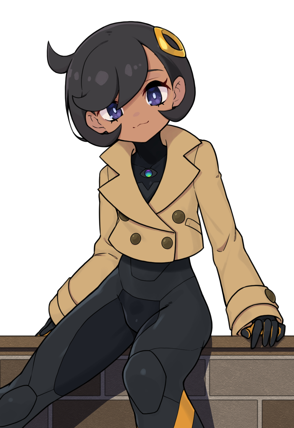 namicha, emma (pokemon), nintendo, pokemon, pokemon legends: z-a, 1girl, :3, black hair, bodysuit, dark-skinned female, dark skin, gloves, jacket, long sleeves, looking at viewer, purple eyes, short hair, sitting