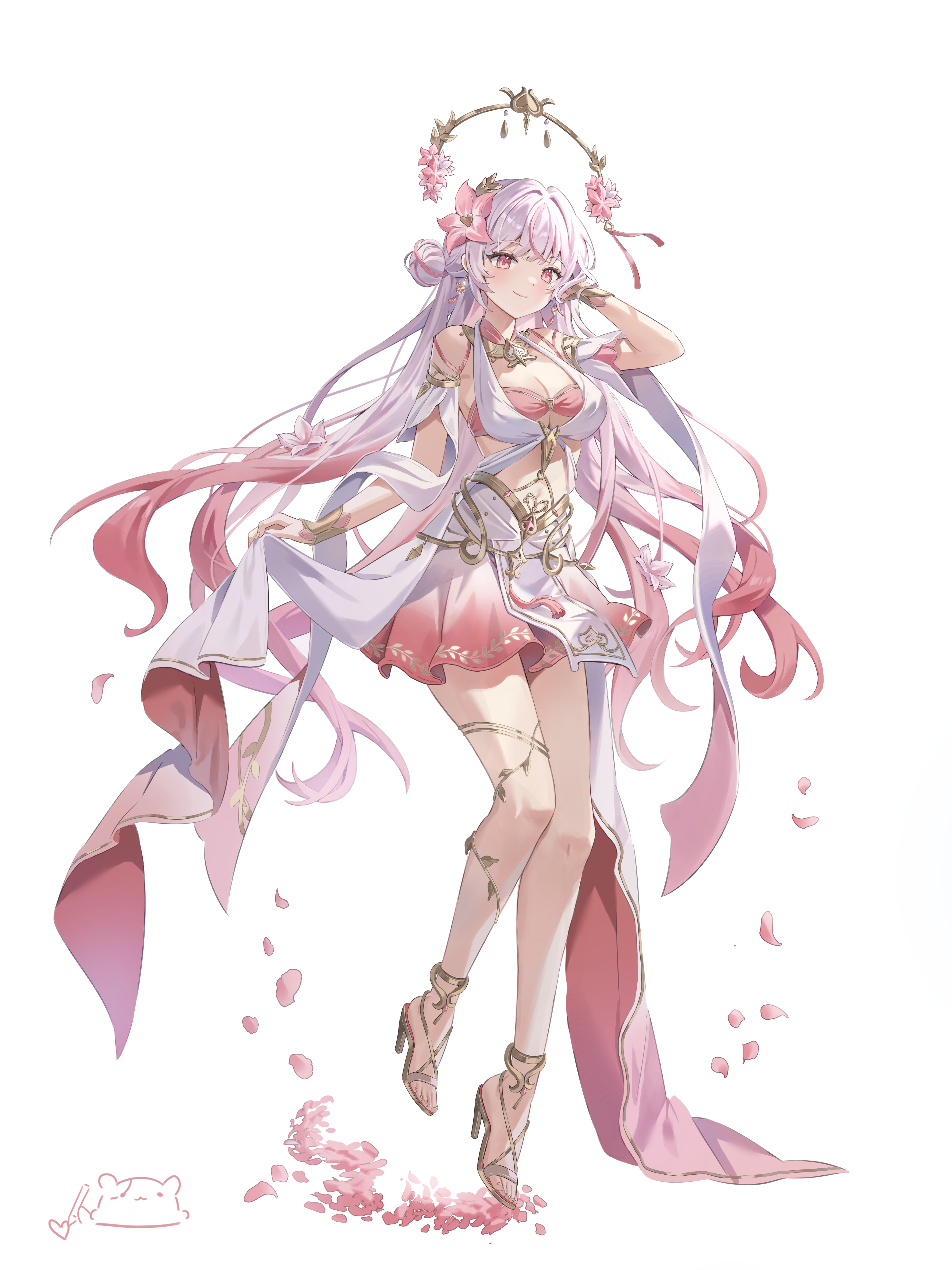 02bear20, indie virtual youtuber, absurdres, highres, 1girl, bare shoulders, bikini, bikini top only, bracelet, breasts, cleavage, closed mouth, flower, full body, gold trim, gradient clothes, gradient hair, gradient skirt, hair bun, hair flower, hair ornament, hand up, high heels, jewelry, long hair, looking at viewer, medium breasts, miniskirt, multicolored hair, navel, pink bikini, red eyes, red hair, simple background, skirt, smile, solo, stomach, streaked hair, swimsuit, thighlet, thighs, two-tone hair, very long hair, virtual youtuber, white background, white skirt