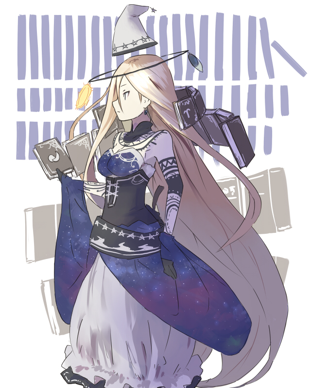 jitsu hidari, original, 1girl, aries (symbol), bare shoulders, blonde hair, book, dress, elbow gloves, female focus, gloves, hat, long hair, magic, solo, tattoo, very long hair