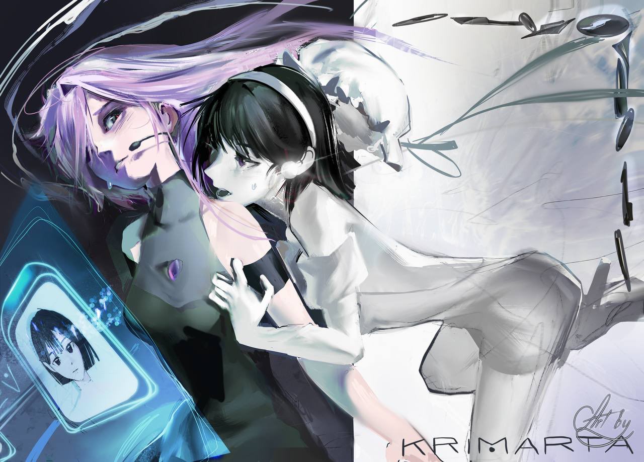 mizi (alien stage), sua (alien stage), alien stage, commentary, english commentary, 2girls, artist name, black dress, black hair, detached sleeves, dress, elbow gloves, floating hair, gloves, headset, krimarta, long hair, medium hair, microphone, multiple girls, neck tattoo, open mouth, pink hair, short sleeves, sleeveless, sleeveless dress, tattoo, white dress, white gloves