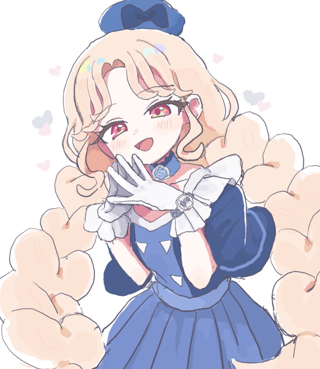 pnt 0202, nikaidou tamaki, himitsu no aipri, pretty series, commentary, highres, 1girl, :d, blue choker, blue dress, blue hat, blush, braid, choker, cowboy shot, dot nose, dress, gloves, hat, long hair, looking at viewer, open mouth, parted bangs, pink hair, red eyes, short sleeves, smile, solo, steepled fingers, twin braids, white background, white gloves