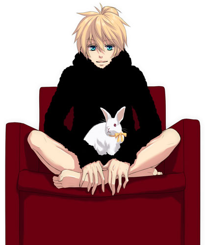 yunomi (yunomi imonuy), kagamine len, spice! (vocaloid), vocaloid, lowres, 1boy, barefoot, blonde hair, blue eyes, cup, feet, full body, male focus, ponytail, rabbit, ribbon, short hair, simple background, sitting, solo, spice!, yunomi
