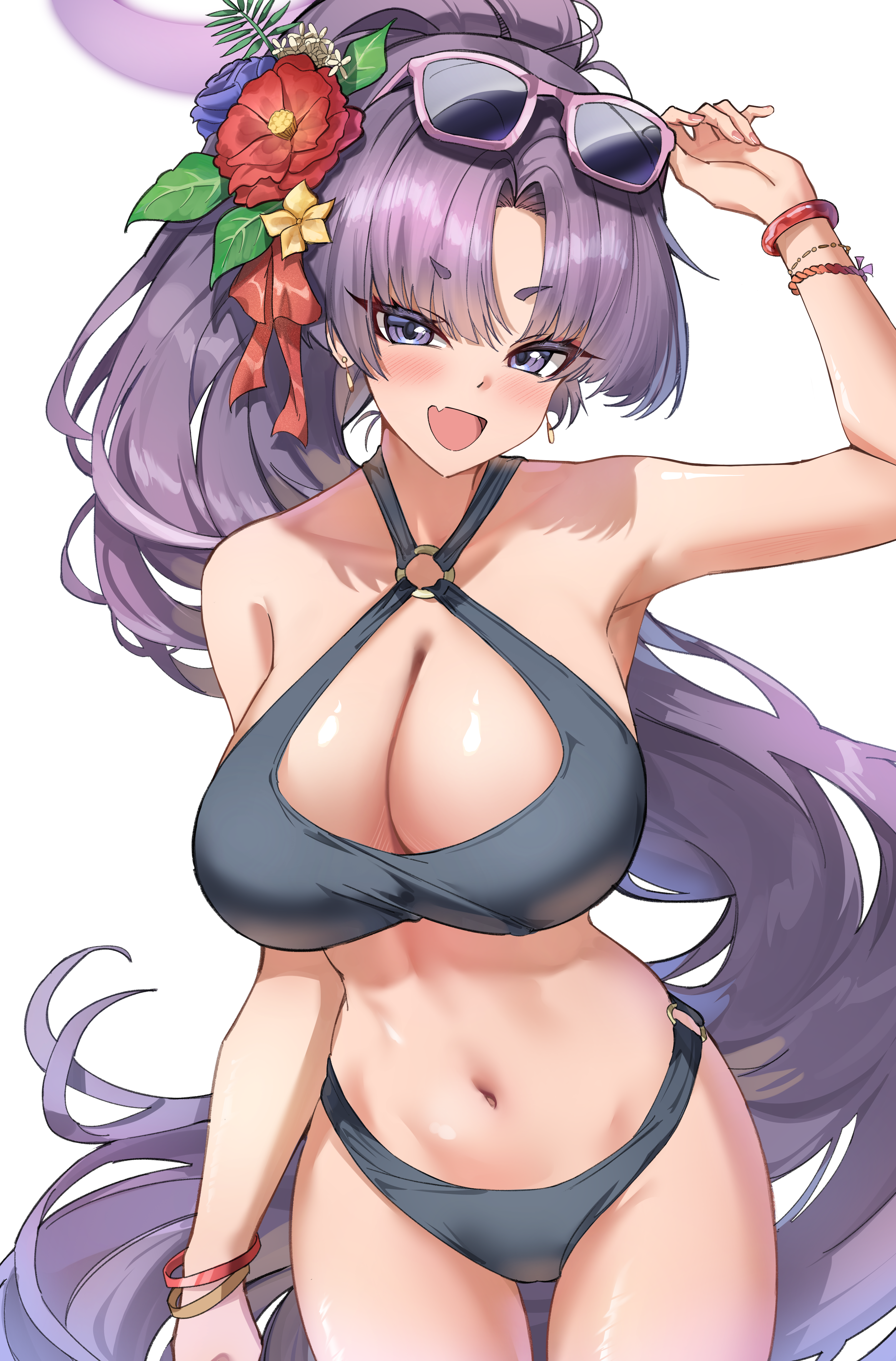 theory (oortcloud1111), yukari (blue archive), yukari (swimsuit) (blue archive), blue archive, absurdres, highres, 1girl, bikini, black bikini, bracelet, breasts, cleavage, eyeshadow, eyewear on head, fang, halo, jewelry, large breasts, long hair, looking at viewer, makeup, multiple bracelets, o-ring, o-ring bikini, official alternate costume, official alternate hairstyle, parted bangs, pink-framed eyewear, purple-framed eyewear, purple halo, red eyeshadow, skin fang, smile, solo, sunglasses, swimsuit, white background