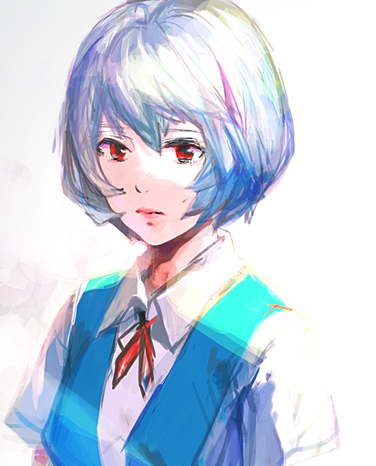 taira, ayanami rei, neon genesis evangelion, bad id, bad pixiv id, blue hair, lips, pale skin, red eyes, school uniform, short hair