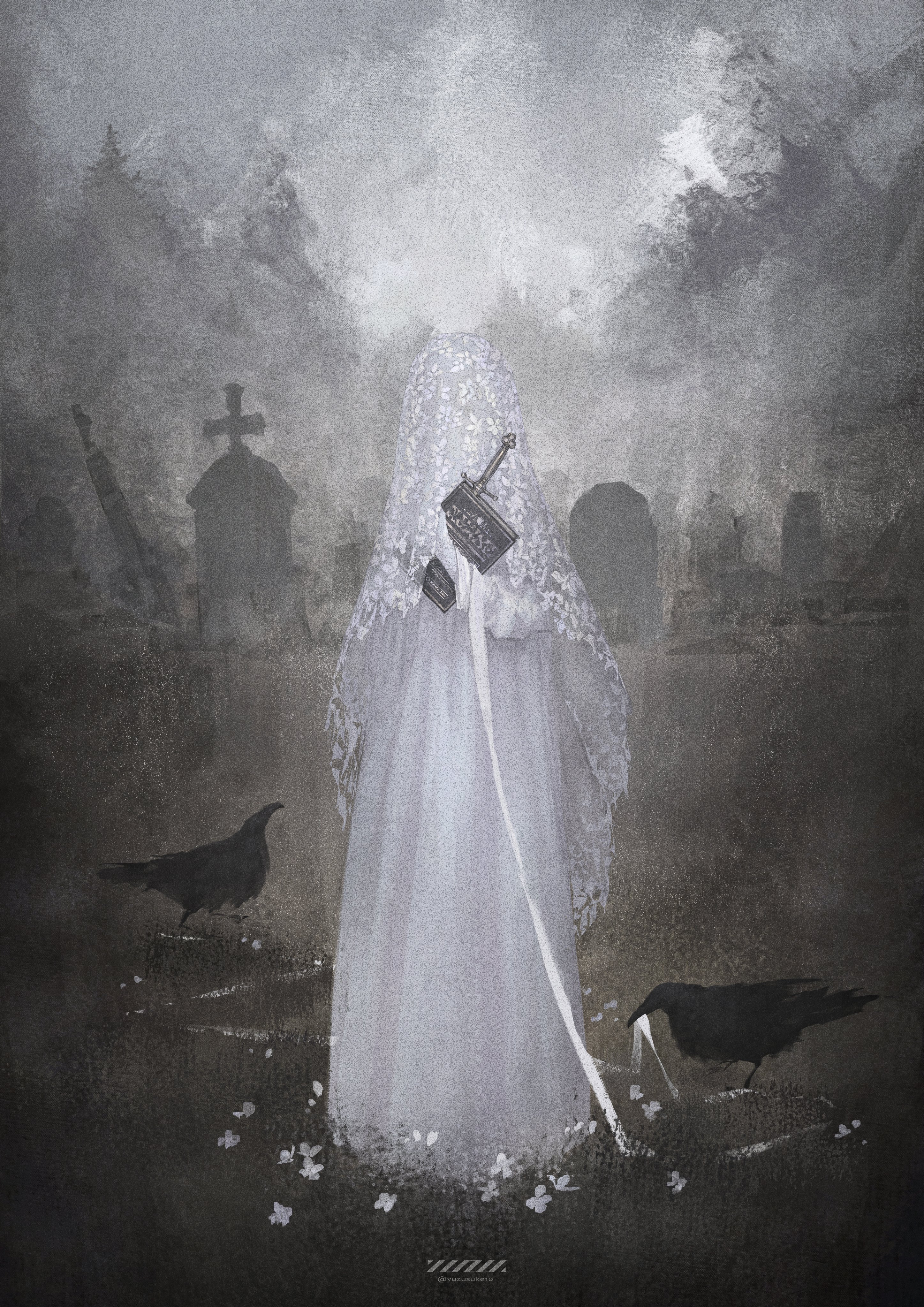 yuzu (yuzusuke10), original, absurdres, highres, 1girl, bird, book, crow, dagger, dress, full body, graveyard, holding, holding book, knife, looking at viewer, loose bandages, outdoors, solo, tombstone, veil, weapon, white dress