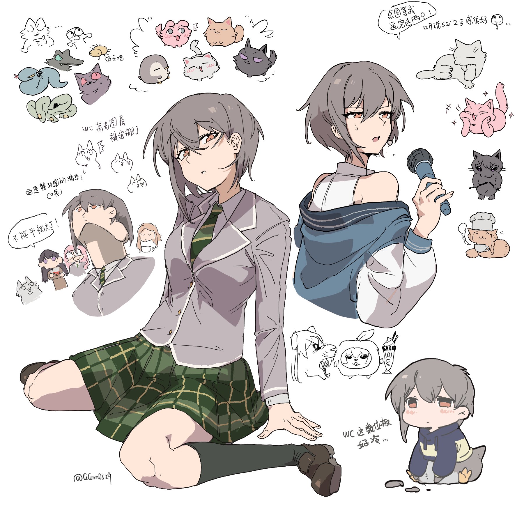 guagua977, misumi uika, takamatsu tomori, togawa sakiko, wakaba mutsumi, yahata umiri, yuutenji nyamu, ave mujica (bang dream!), bang dream!, bang dream! it's mygo!!!!!, chinese commentary, commentary request, highres, translation request, 5girls, animalization, bird, brown eyes, brown shoes, bug, cat, chinese text, diagonal-striped clothes, diagonal-striped necktie, dog, drumsticks, green necktie, green skirt, grey hair, grey jacket, hair between eyes, hanasakigawa school uniform, haneoka school uniform, jacket, kneehighs, meme, multiple girls, multiple views, mygo!!!!! (bang dream!), necktie, off shoulder, open mouth, penguin, purple eyes, raana the cat, school uniform, shirt, shoes, short hair, simple background, skirt, sleeveless, sleeveless shirt, socks, striped clothes, upward angle frieren drawing (meme), white background, white shirt