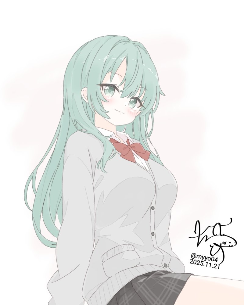 chame (myyo04), suzuya (kancolle), kantai collection, 1girl, alternate costume, aqua eyes, aqua hair, black skirt, blush, breasts, cardigan, grey cardigan, hair between eyes, hair ornament, hairclip, long hair, long sleeves, school uniform, sitting, skirt, smile, solo