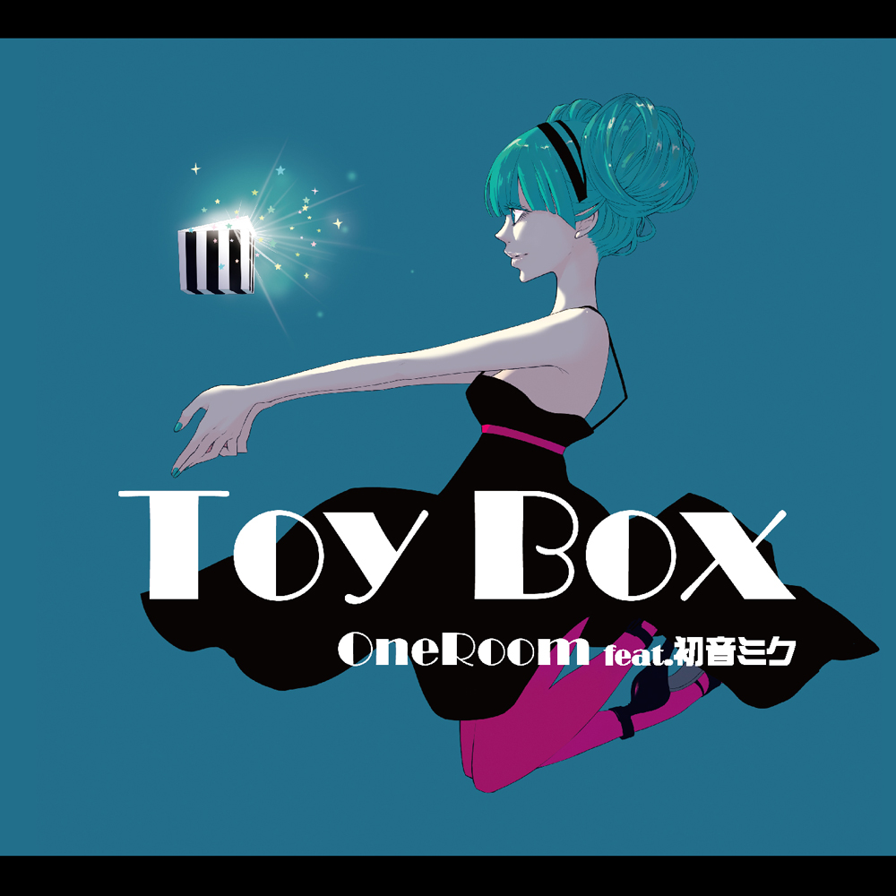 yunomi (yunomi imonuy), hatsune miku, toy box (vocaloid), vocaloid, 1girl, album cover, alternate hairstyle, aqua eyes, aqua hair, aqua nails, box, cover, cup, double bun, dress, female focus, full body, hair bun, hairband, high heels, nail polish, pantyhose, pink pantyhose, shoes, simple background, smile, solo, star (symbol), yunomi