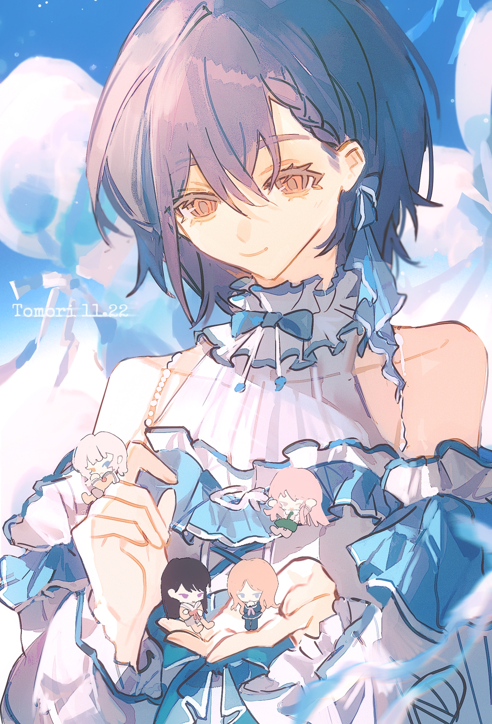 hikawayunn, chihaya anon, kaname raana, nagasaki soyo, shiina taki, takamatsu tomori, bang dream!, bang dream! it's mygo!!!!!, commentary, highres, 5girls, black hair, blue eyes, braid, braided bangs, brown eyes, brown hair, closed mouth, clothing cutout, dated, dress, grey hair, hair between eyes, hanasakigawa school uniform, heterochromia, long hair, long sleeves, mini person, multiple girls, mygo!!!!! (bang dream!), one eye closed, pink hair, purple eyes, school uniform, short hair, shoulder cutout, upper body, white hair, yellow eyes