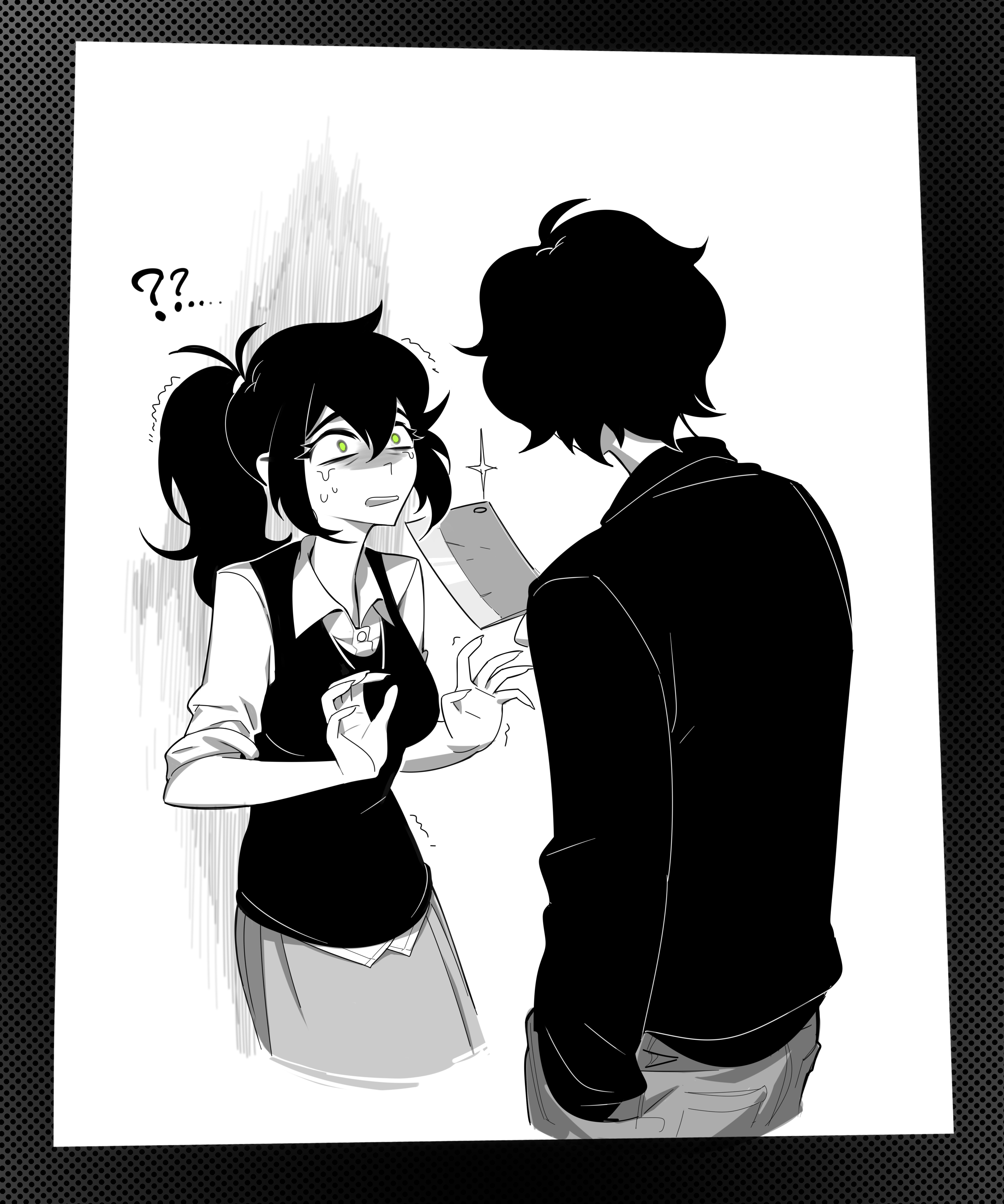 aierlaobo, andrew graves, renee graves, the coffin of andy and leyley, absurdres, highres, 1boy, 1girl, ?, ??, black sweater, black vest, cleaver, green eyes, hand in pocket, holding, holding cleaver, mother and son, nervous, scared, shirt, size difference, skirt, standing, sweater, threat, vest, white shirt