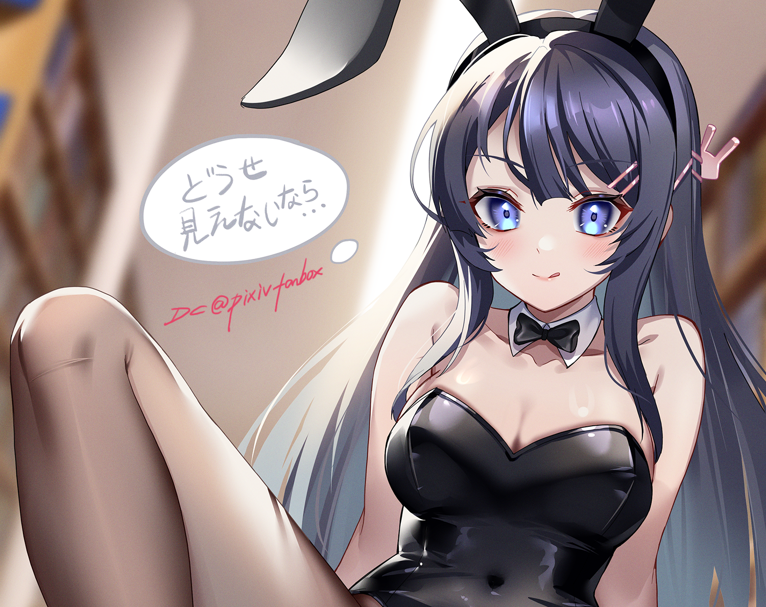 dc (doughertyevans), sakurajima mai, seishun buta yarou, commentary request, translation request, 1girl, animal ear hairband, animal ears, black bow, black bowtie, black hair, black leotard, black pantyhose, blue eyes, bookshelf, bow, bowtie, breasts, chinese commentary request, cleavage, covered navel, detached collar, fake animal ears, hair ornament, hairband, hairclip, leotard, long hair, medium breasts, pantyhose, playboy bunny, rabbit ears, sitting, solo, strapless, strapless leotard, twitter username