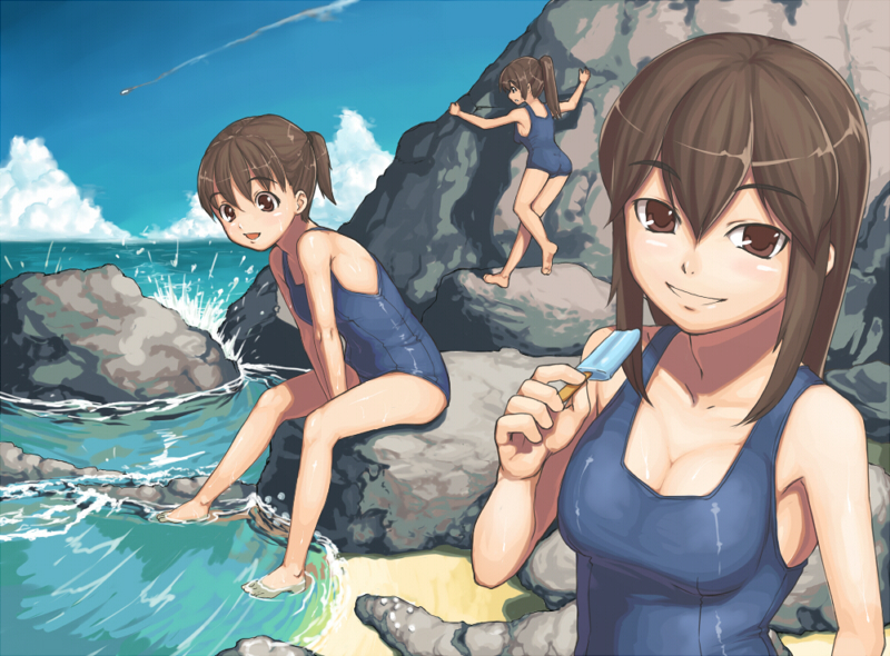 sajipen, original, 3girls, age difference, barefoot, beach, breasts, brown eyes, brown hair, child, cleavage, cliff, contrail, day, feet, food, medium breasts, multiple girls, ocean, one-piece swimsuit, outdoors, ponytail, popsicle, ripples, rock, school swimsuit, sitting, soaking feet, soles, splashing, sweat, swimsuit, toes, water