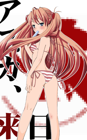 arima natsubon, souryuu asuka langley, neon genesis evangelion, 1girl, ass, bikini, blue eyes, blush, female focus, food, from behind, halterneck, long hair, looking back, orange hair, popsicle, side-tie bikini bottom, solo, string bikini, striped bikini, striped clothes, swimsuit