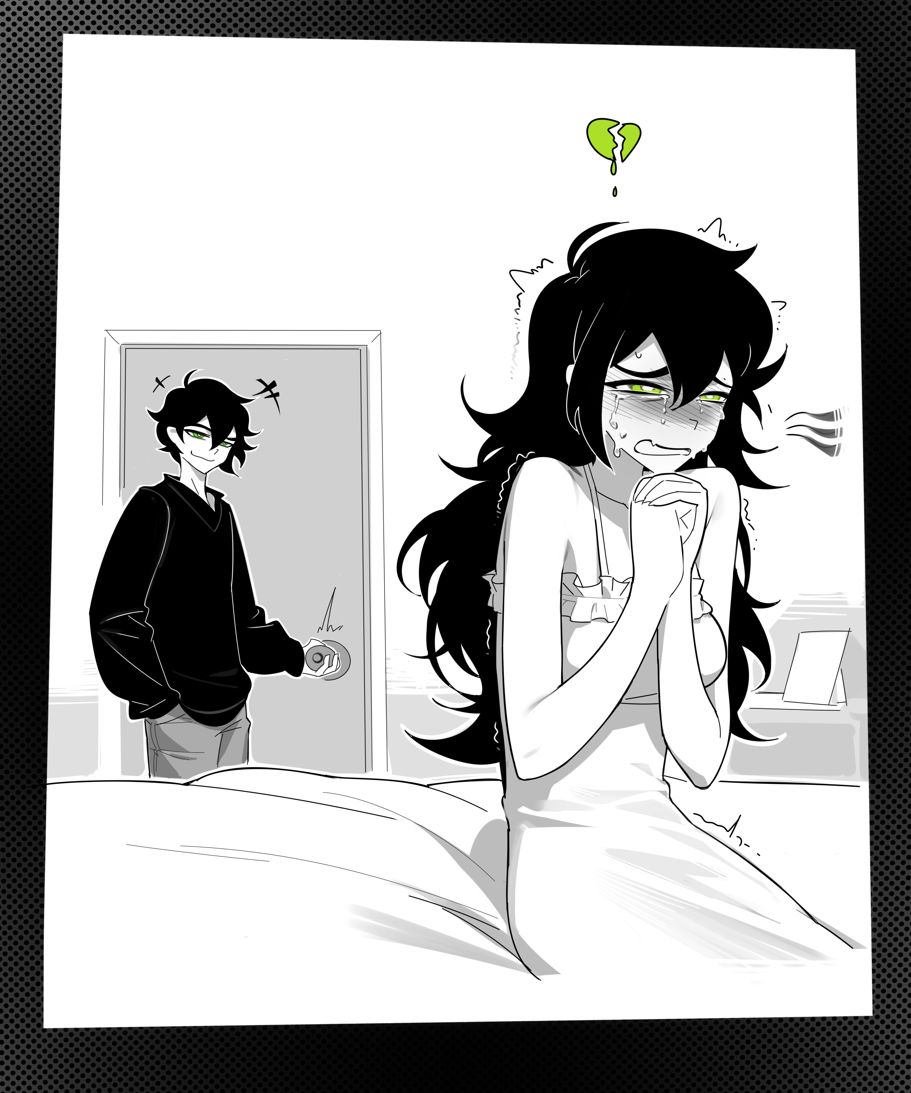 aierlaobo, andrew graves, renee graves, the coffin of andy and leyley, absurdres, highres, 1boy, 1girl, bare shoulders, black hair, black sweater, blush, broken heart, closing door, crying, hand in pocket, heart, long hair, nervous sweating, nightgown, on bed, praying, sitting, smug, sweat, sweater, trembling