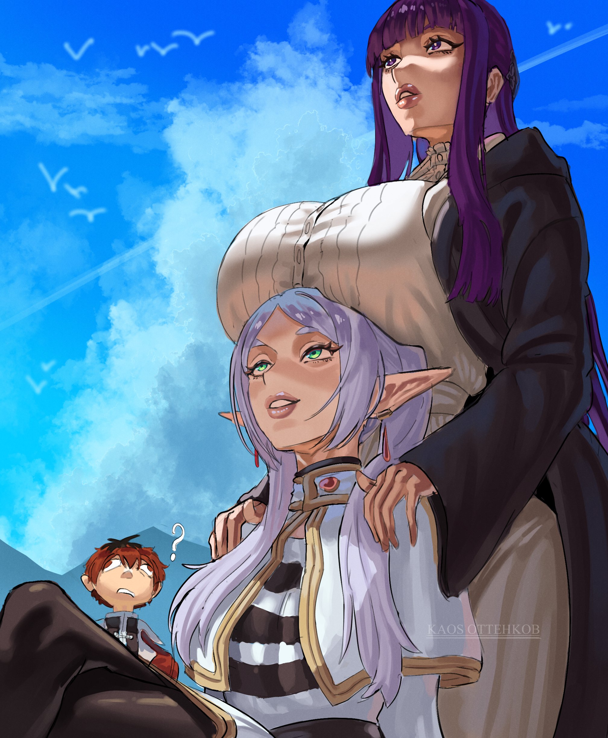 kaosottehkob, fern (sousou no frieren), frieren, stark (sousou no frieren), sousou no frieren, absurdres, highres, making-of available, 1boy, 2girls, ?, black pantyhose, black robe, blue sky, blunt bangs, breast rest, breasts, breasts on head, capelet, crossed legs, dress, earrings, elf, hair over shoulder, hands on another's shoulders, head back, jewelry, large breasts, long hair, long pointy ears, looking up, meme, multiple girls, pantyhose, parted bangs, parted lips, perversion of canon, pointy ears, purple eyes, purple hair, robe, shirt, sidelocks, signature, sitting, sky, standing, straight hair, striped clothes, striped shirt, teardrop earrings, upward angle frieren drawing (meme), white capelet, white dress, white hair