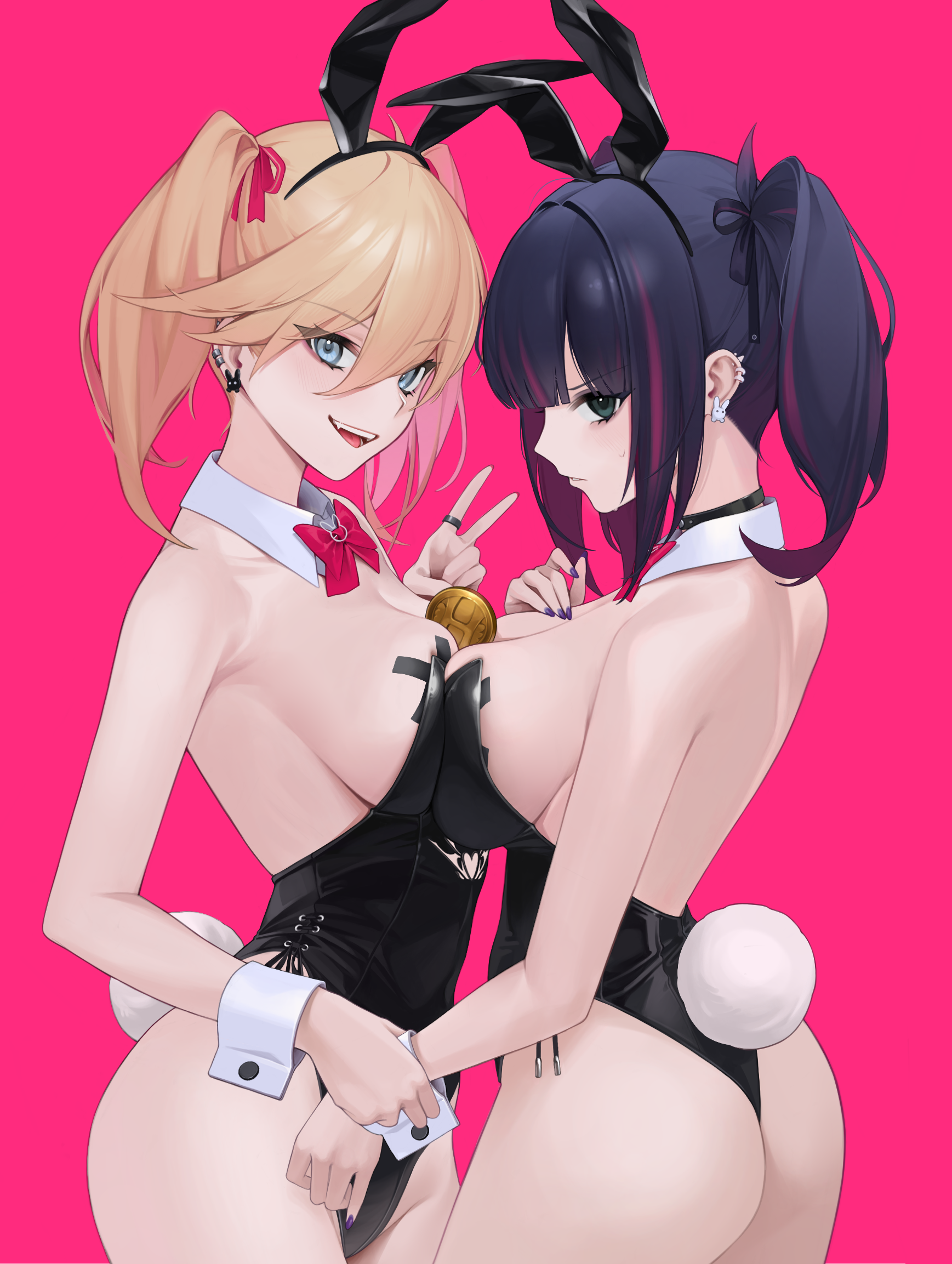 mallo825, panty (psg), stocking (psg), panty & stocking with garterbelt, highres, 2girls, animal ear hairband, animal ears, bandaid, bandaids on nipples, bare legs, black hair, black leotard, blonde hair, blue eyes, bow, bowtie, breast press, coin, detached collar, fake animal ears, hairband, leotard, long hair, multicolored hair, multiple girls, pasties, playboy bunny, rabbit ears, rabbit tail, red bow, red bowtie, strapless, strapless leotard, streaked hair, symmetrical docking, tail, thong leotard, twintails, wrist cuffs