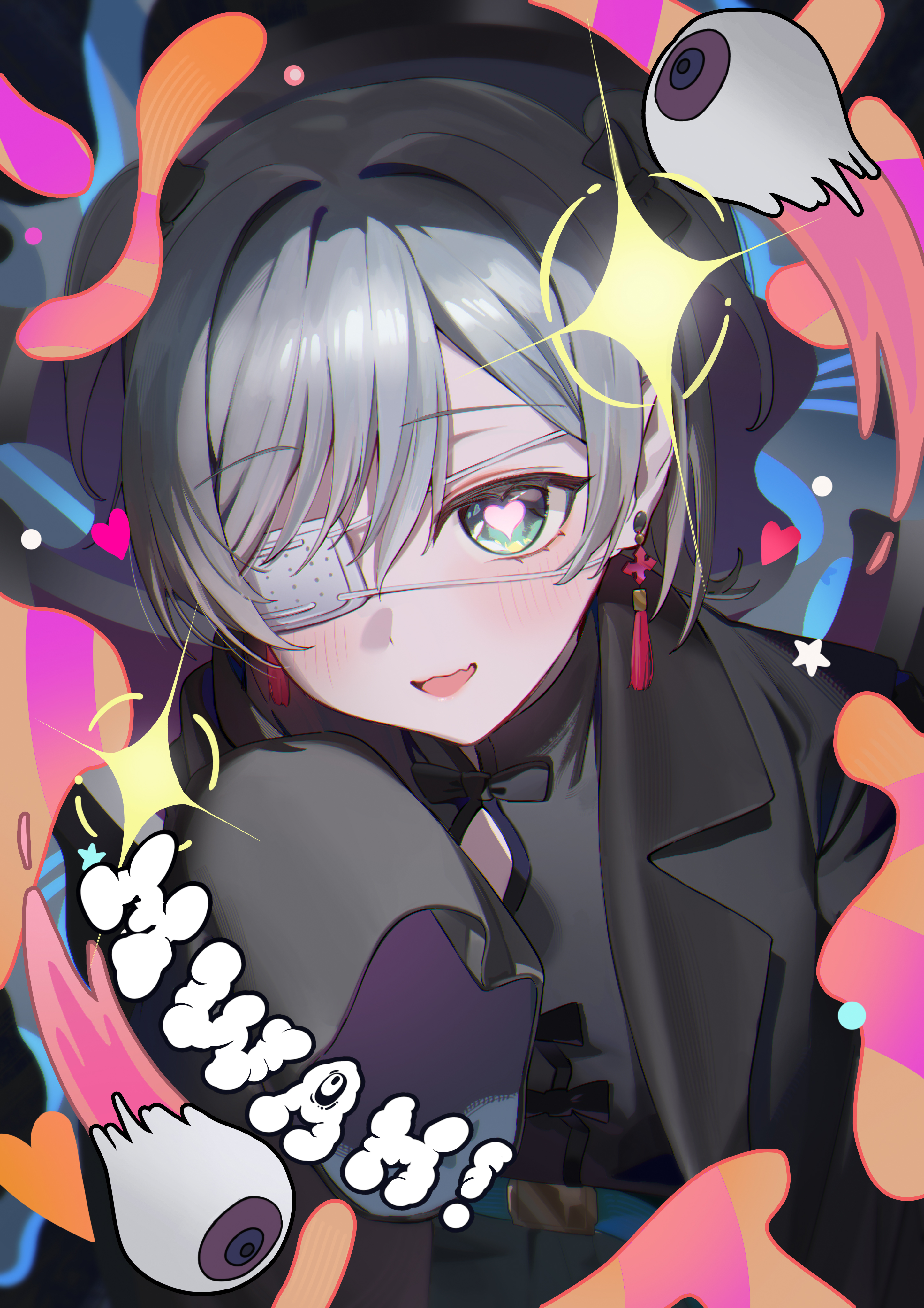 edible sus, nekomugi tororo, indie virtual youtuber, monitoring (vocaloid), absurdres, commentary request, highres, 1girl, black jacket, black shirt, blush, earrings, eyepatch, fang, green eyes, grey hair, heart, heart-shaped pupils, jacket, jewelry, looking at viewer, medical eyepatch, open mouth, shirt, skin fang, sleeves past fingers, sleeves past wrists, solo, sparkle, symbol-shaped pupils, tassel, tassel earrings, virtual youtuber