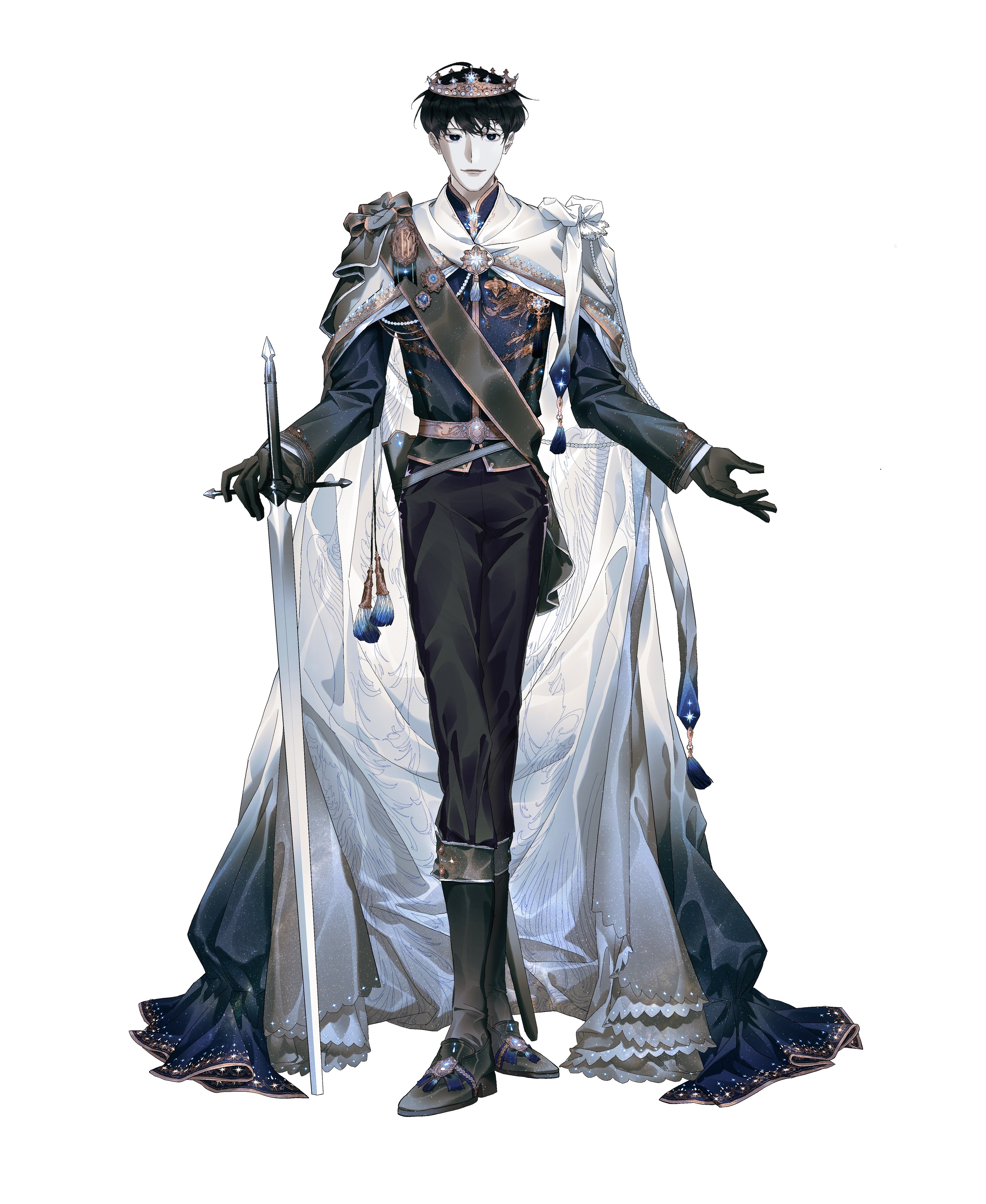 kim dokja, omniscient reader's viewpoint, absurdres, hashtag-only commentary, highres, 1boy, belt, black eyes, black gloves, black hair, blue vest, boots, cape, crown, full body, gloves, holding, holding sword, holding weapon, looking at viewer, male focus, official alternate costume, outstretched arm, planted, planted sword, planted weapon, ricardo von kaizenix, short hair, single shoulder pad, smile, solo, standing, sword, tassel, vest, vivi102828, weapon