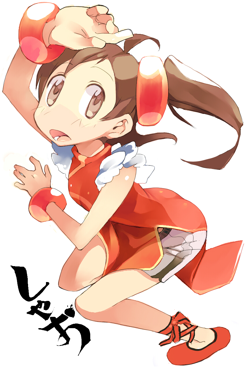 heisa, ling xiaoyu, tekken, bad id, bad pixiv id, highres, 1girl, blush, brown eyes, brown hair, child, china dress, chinese clothes, dress, female focus, shorts, solo, twintails