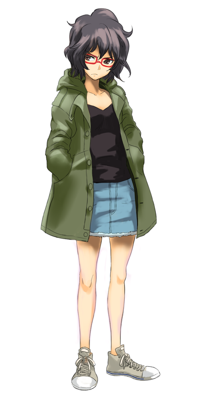 iwaya, original, 1girl, angry, brown eyes, coat, curly hair, denim, denim skirt, female focus, frown, glasses, legs, pencil skirt, red-framed eyewear, short hair, skirt, solo