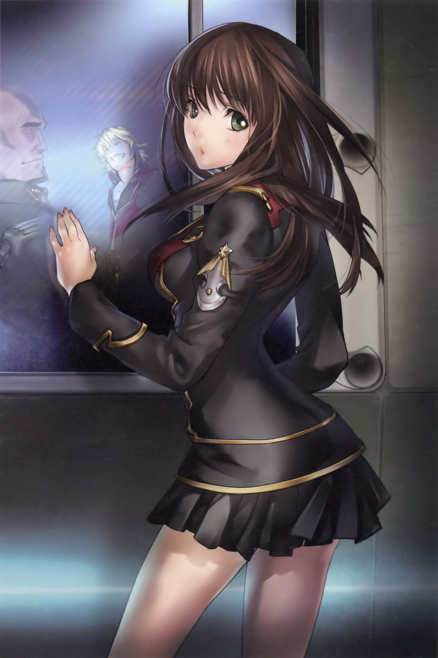 ichimura yuu, denzel hammer, setsuko ohara, toby watson, banpresto, super robot wars, super robot wars z, super robot wars z1, uniform, absurdres, highres, 1girl, 2boys, brown hair, green eyes, hammer, long hair, miniskirt, multiple boys, pleated skirt, skirt