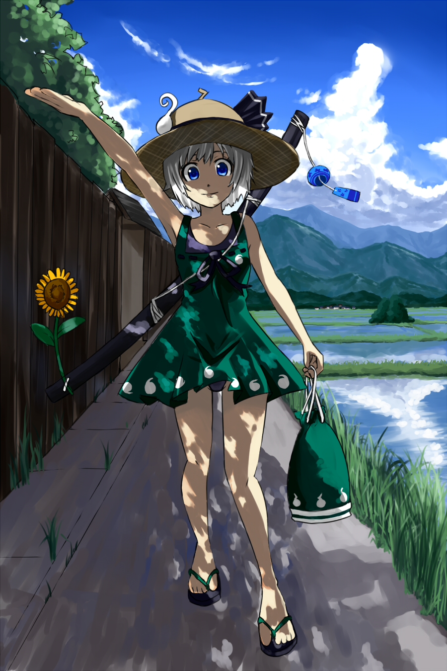bokuden, konpaku youmu, touhou, silver hair, highres, 1girl, alternate costume, arm up, blue eyes, cloud, contemporary, dappled sunlight, day, dress, female focus, fence, flip-flops, flower, hat, legs, rice paddy, sandals, shade, short hair, sky, solo, straw hat, sundress, sunflower, sunlight, tree shade, wind chime