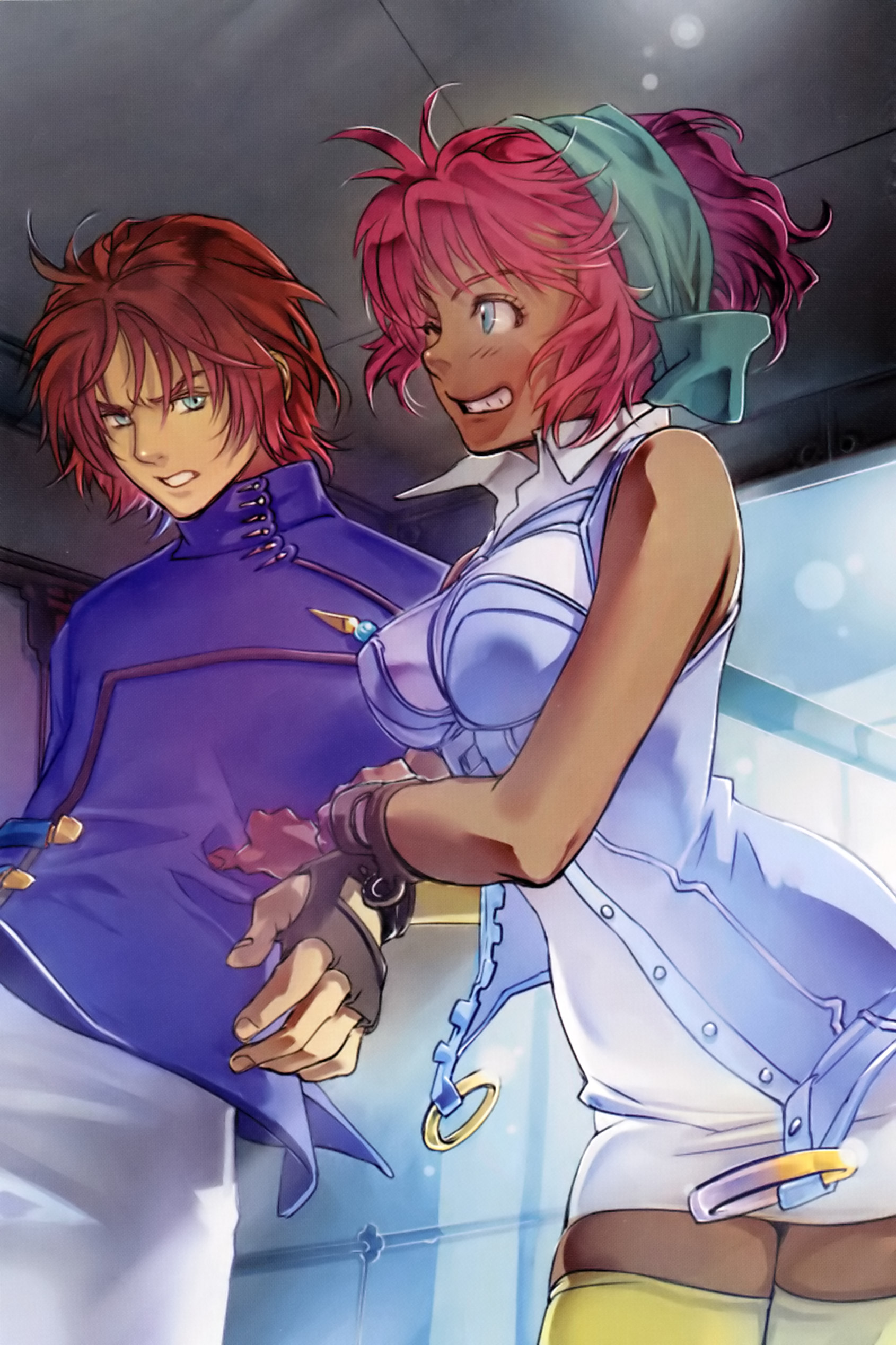 ichimura yuu, ricarla borgnine, yuuki jaggar, yuuki jegunan, banpresto, super robot wars, super robot wars original generation, absurdres, highres, 1boy, 1girl, arm hug, blue eyes, brown hair, fingerless gloves, gloves, one eye closed, red hair, short hair, thighhighs, wink