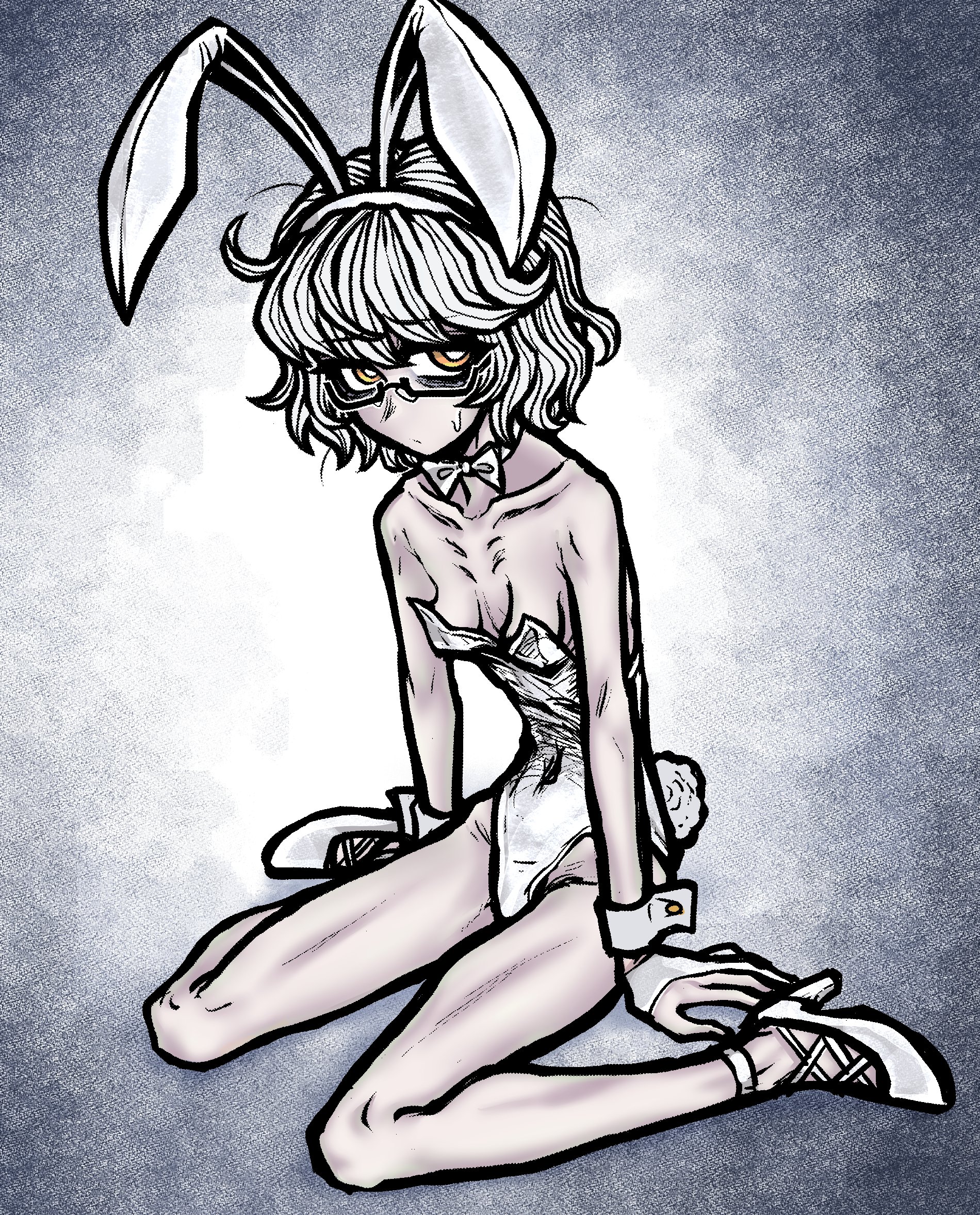 nazo no diaboro, original, highres, 1girl, animal ears, breasts, fake animal ears, full body, leotard, looking at viewer, orange eyes, playboy bunny, rabbit ears, short hair, sitting, skinny, small breasts, solo, wariza, white hair