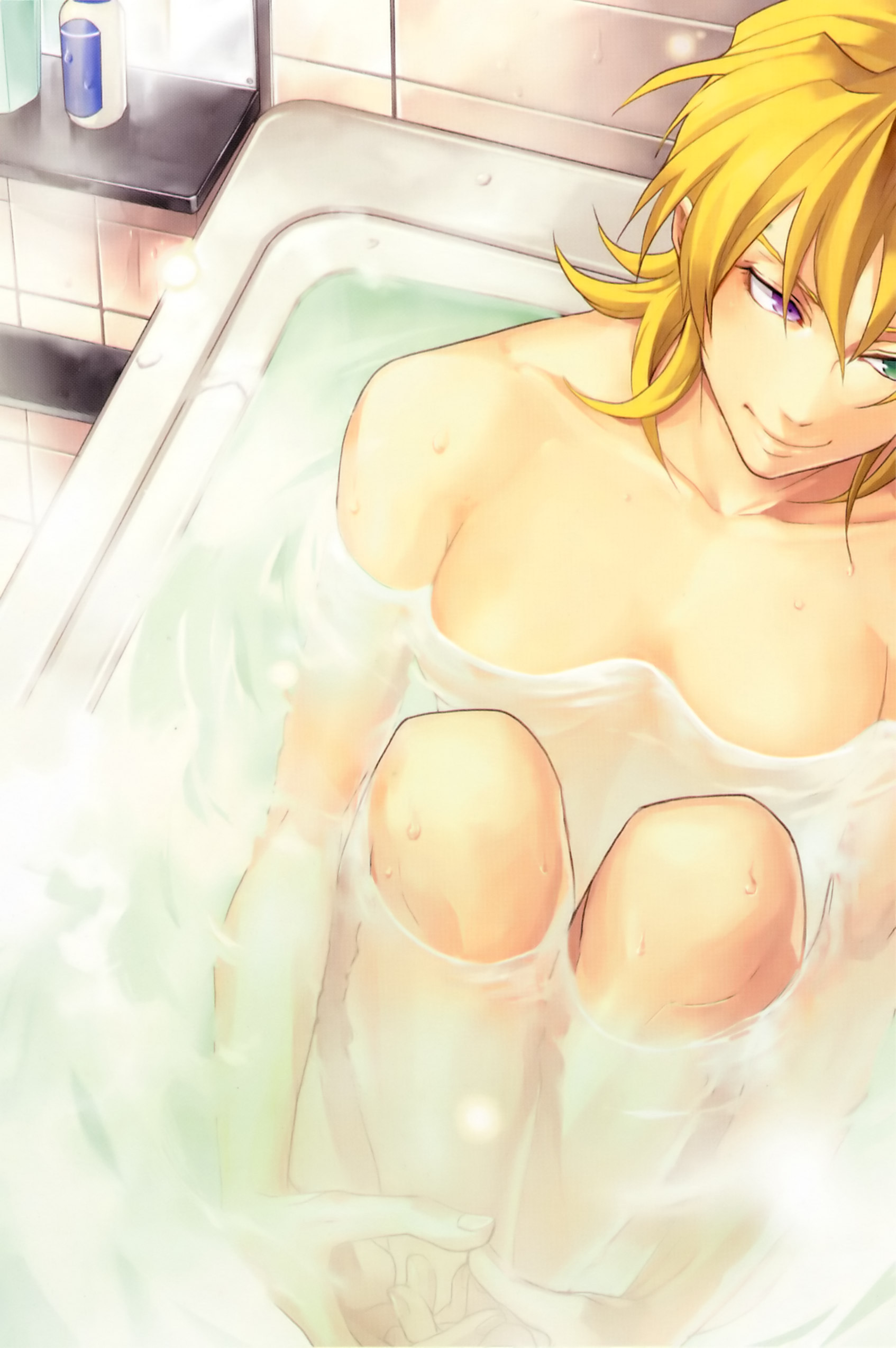 yuikawa kazuno, katina tarask, banpresto, super robot wars, super robot wars original generation, absurdres, highres, 1girl, bath, blonde hair, breasts, female focus, heterochromia, indoors, nude, solo, water