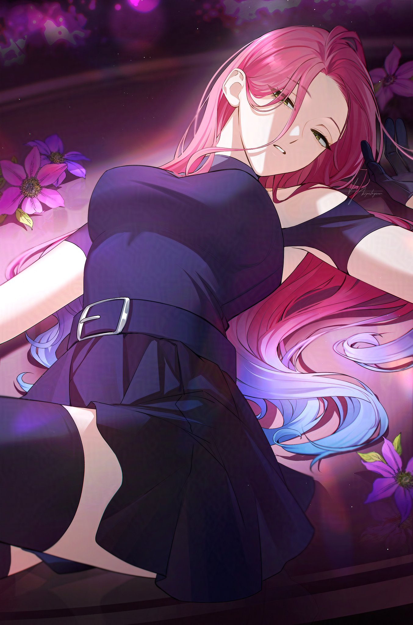 kiyukyuu, mizi (alien stage), alien stage, commentary, highres, 1girl, armpit cutout, black dress, black gloves, black thighhighs, blue hair, breasts, clematis (flower), clothing cutout, dress, flower, gloves, gradient hair, looking at viewer, lying, multicolored hair, on back, parted lips, pink hair, purple flower, short sleeves, shoulder cutout, signature, solo, thighhighs, two-tone hair, yellow eyes