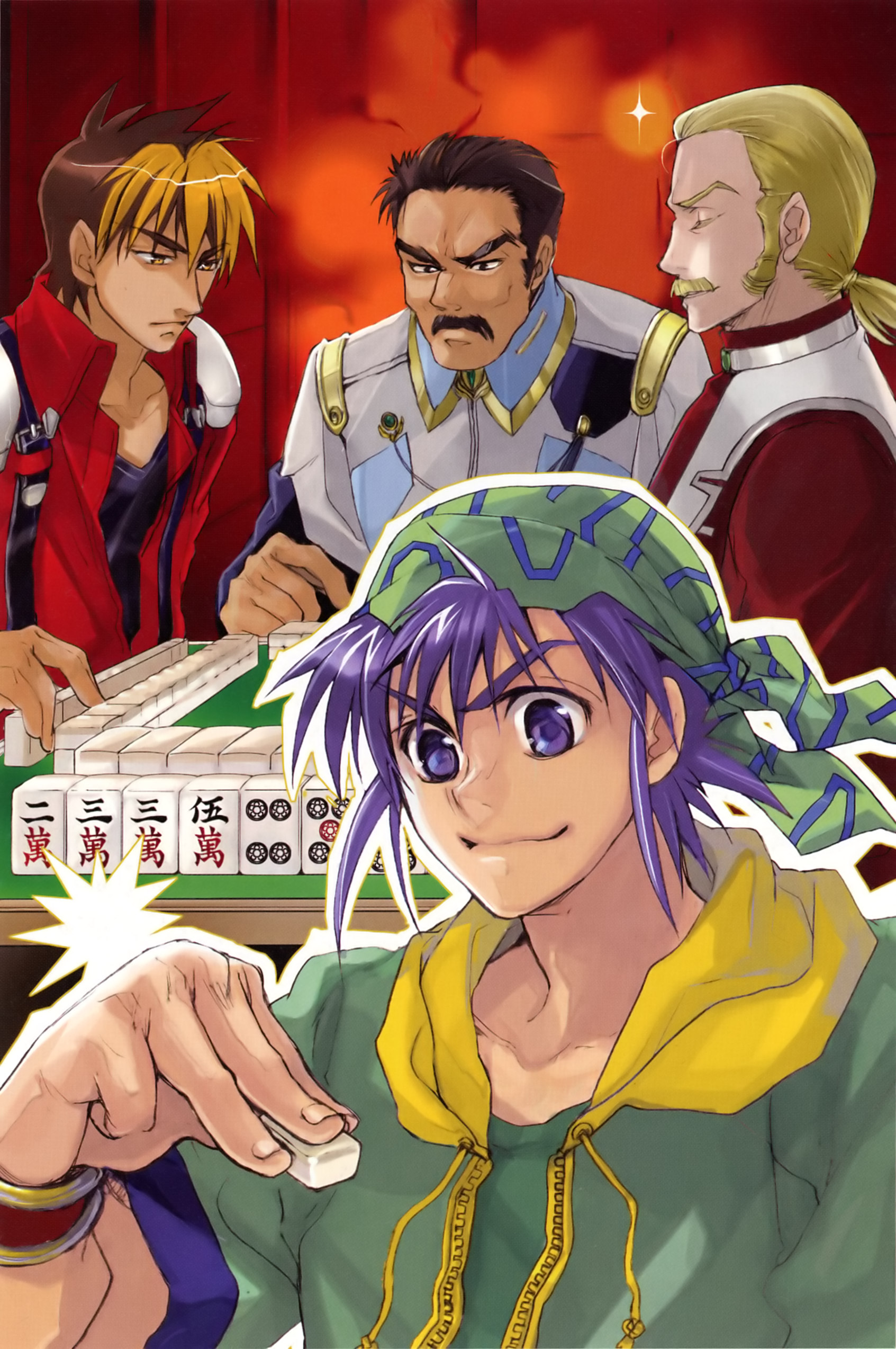 kuramoto kaya, kai kitamura, kyousuke nanbu, sean webley, tasuku shinguji, banpresto, super robot wars, super robot wars original generation, absurdres, highres, 4boys, bandana, blonde hair, board game, brown eyes, brown hair, colored bangs, facial hair, holding, holding mahjong tile, mahjong, mahjong tile, male focus, multicolored hair, multiple boys, mustache, playing games, purple eyes, purple hair, two-tone hair, yellow eyes
