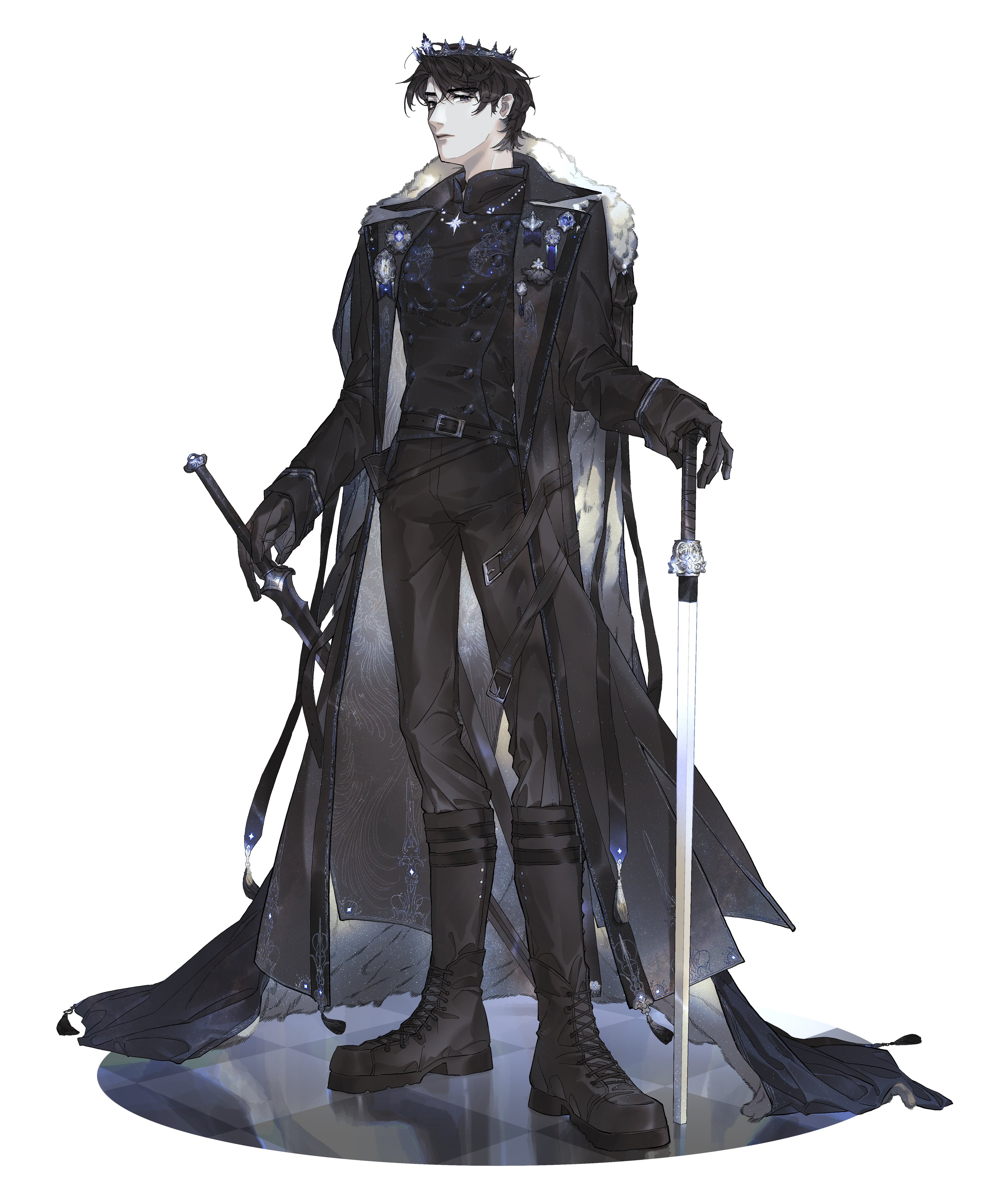 yoo joonghyuk, omniscient reader's viewpoint, absurdres, hashtag-only commentary, highres, 1boy, belt, black coat, black eyes, black hair, black shirt, boots, cape, coat, dual wielding, full body, fur trim, holding, holding sword, holding weapon, looking at viewer, male focus, official alternate costume, open clothes, open coat, planted, planted sword, planted weapon, popped collar, schweichen von kaizenix, serious, shirt, short hair, solo, star pendant, sword, vivi102828, weapon