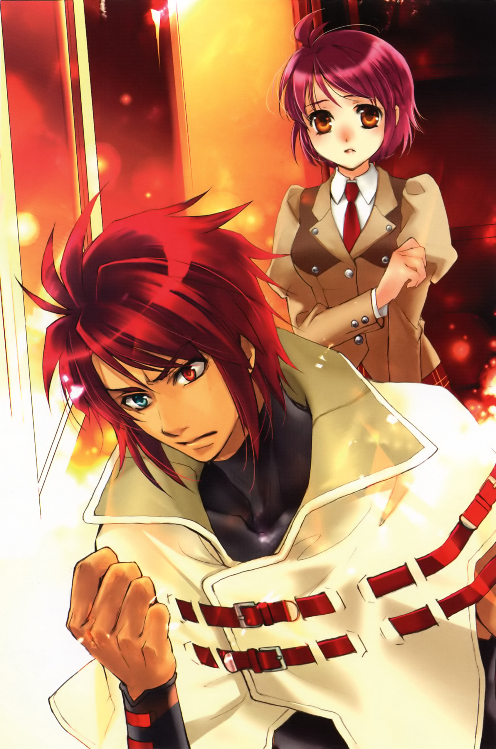 kuramoto kaya, folka albark, shouko azuma, banpresto, super robot wars, super robot wars original generation, super robot wars original generation gaiden, absurdres, highres, heterochromia, necktie, red eyes, red hair, school uniform, short hair
