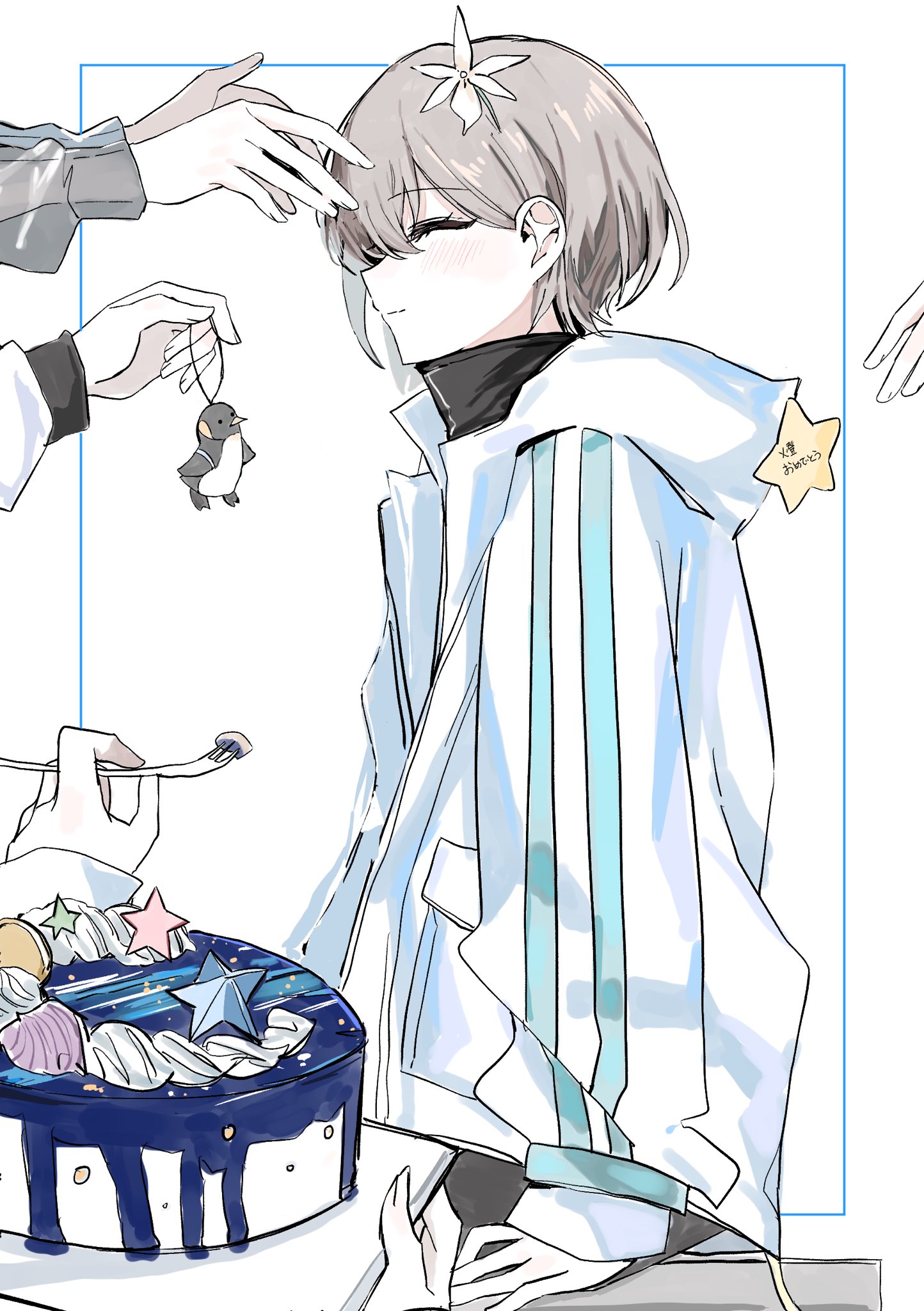 suudori, chihaya anon, kaname raana, nagasaki soyo, shiina taki, takamatsu tomori, bang dream!, bang dream! it's mygo!!!!!, commentary request, highres, 5girls, cake, closed eyes, closed mouth, flower, food, fork, grey hair, hair between eyes, hair flower, hair ornament, holding, holding fork, inset border, jacket, long sleeves, multiple girls, mygo!!!!! (bang dream!), short hair, simple background, solo focus, white background, white jacket