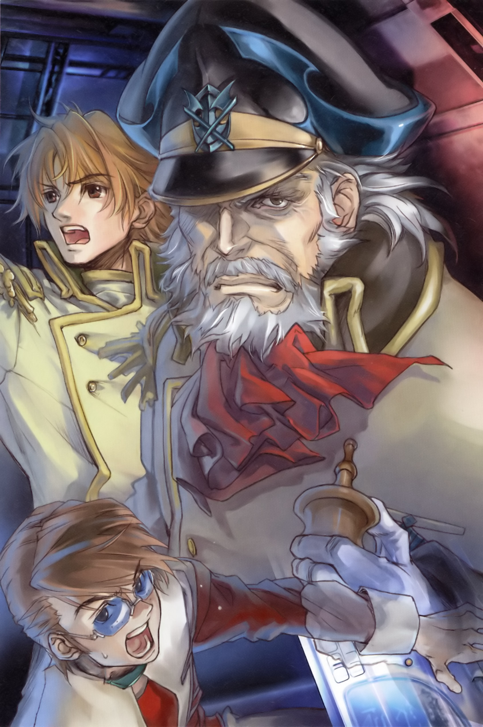 ichimura yuu, daitetsu minase, eita nadaka, tetsuya onodera, banpresto, super robot wars, super robot wars original generation, absurdres, highres, 3boys, ascot, beard, brown eyes, brown hair, epaulettes, facial hair, freckles, glasses, gloves, grey hair, hat, male focus, military, military uniform, multiple boys, open mouth, peaked cap