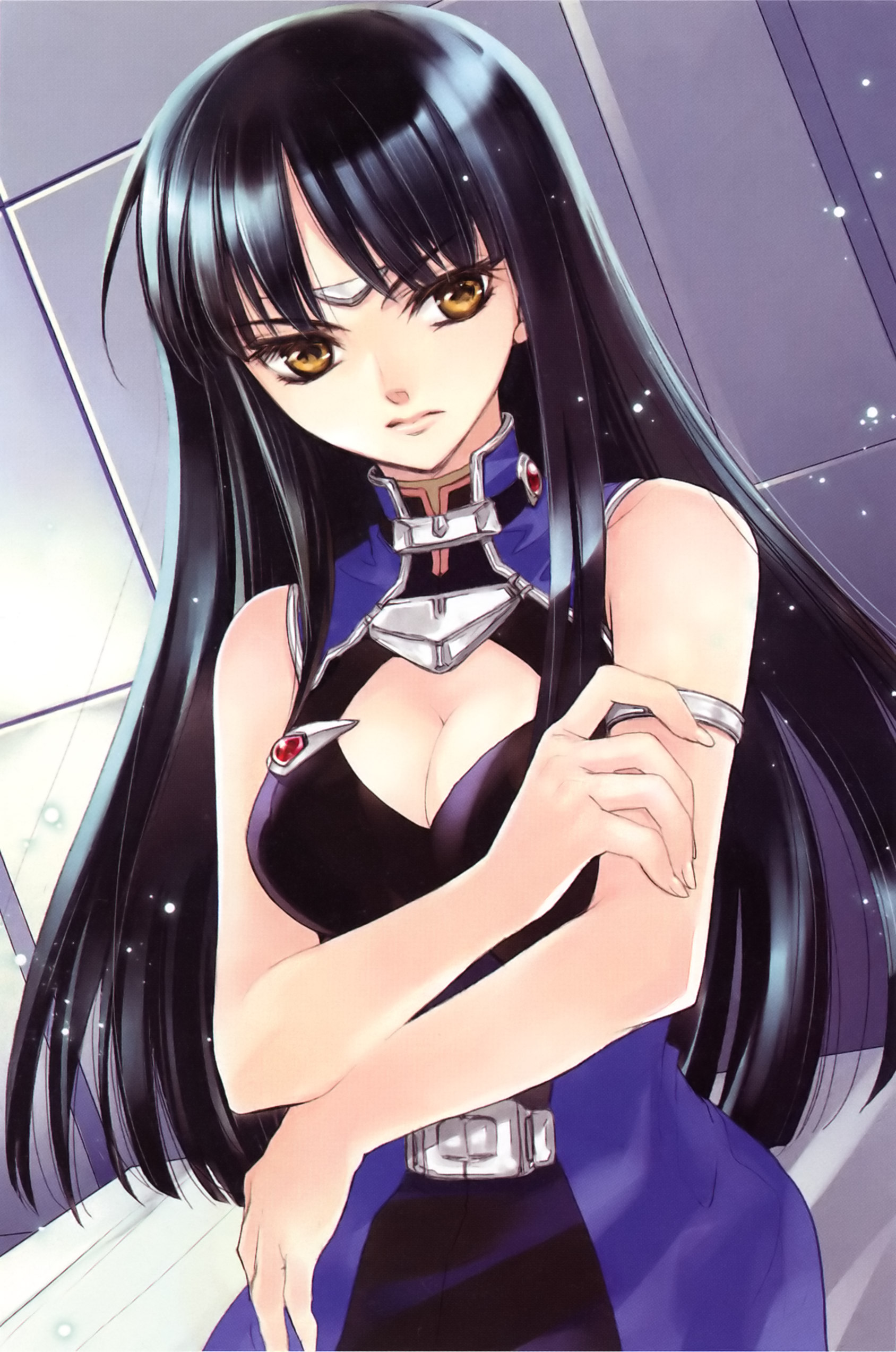 kuramoto kaya, ouka nagisa, banpresto, super robot wars, super robot wars original generation, absurdres, highres, 1girl, bare shoulders, black hair, breasts, cleavage, cleavage cutout, clothing cutout, female focus, long hair, sleeveless, solo, yellow eyes, yellow theme