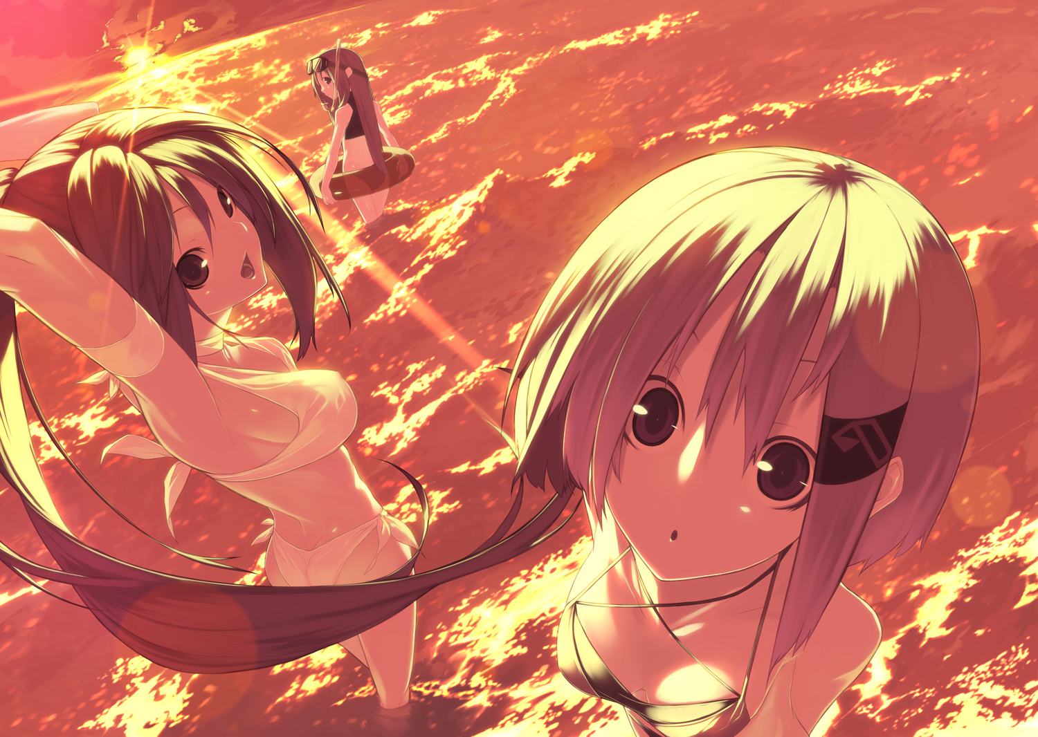 senmu (senmudayo), original, :o, armpits, bikini, breasts, diving mask, goggles, innertube, large breasts, ocean, short hair, side-tie bikini bottom, sunset, swim ring, swimsuit